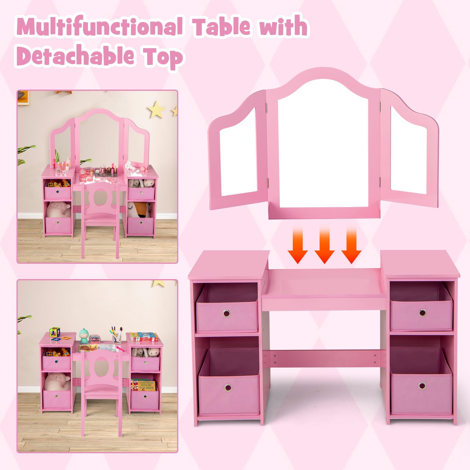 INFANS Kids Vanity Set - 2-in-1 Princess Makeup Desk & Chair with 4 Drawers, Tri-Folding Mirror & Large Storage | Wooden Dressing Table for Toddler Girls | Perfect for Pretend Play, Birthday Gifts & Bedroom Decor