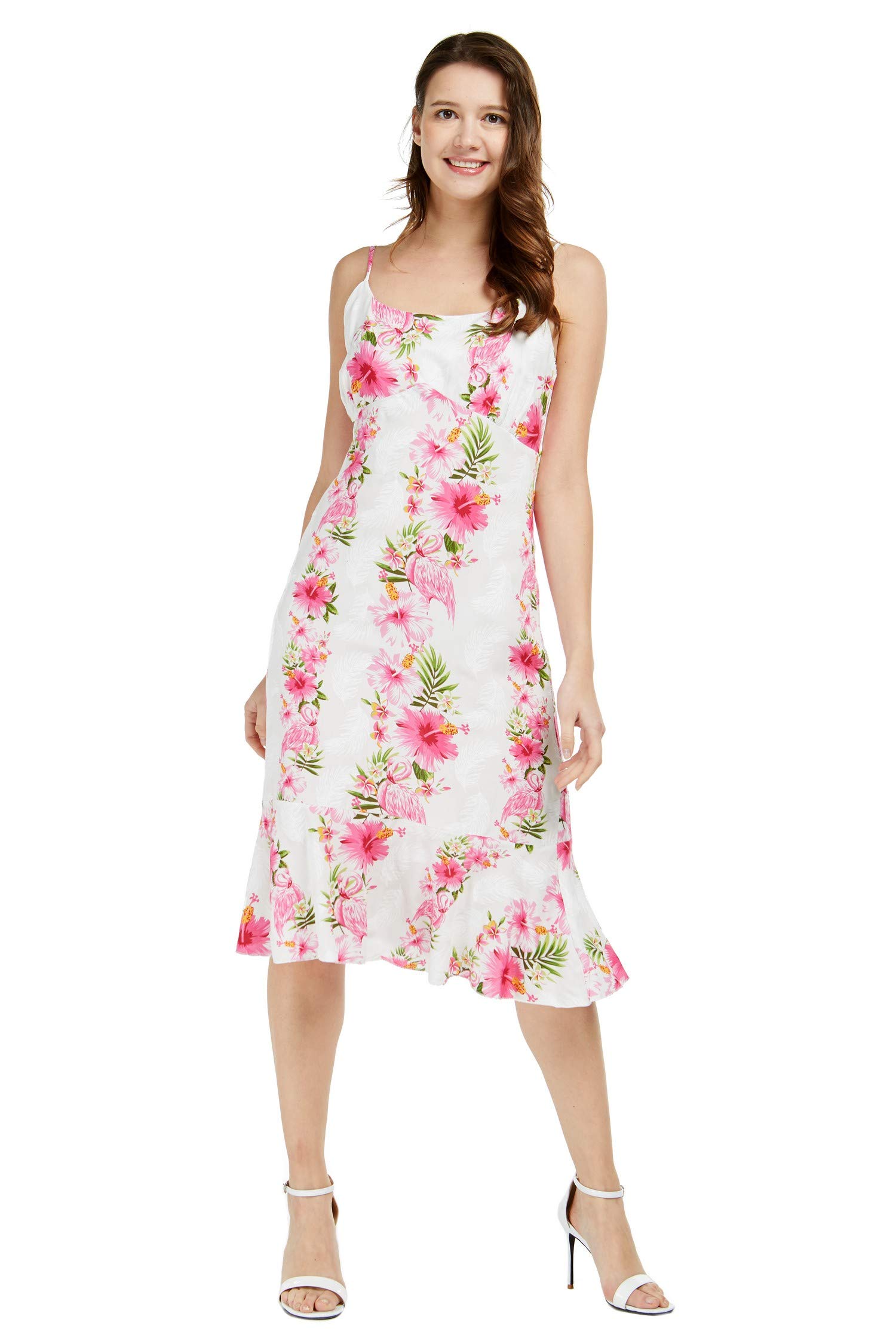 Matching Mother Daughter Mermaid Ruffle Dress and Romper Set - Pink White Hibiscus Vine Floral Print - Perfect for Family Photos, Beach Vacations, and Special Occasions