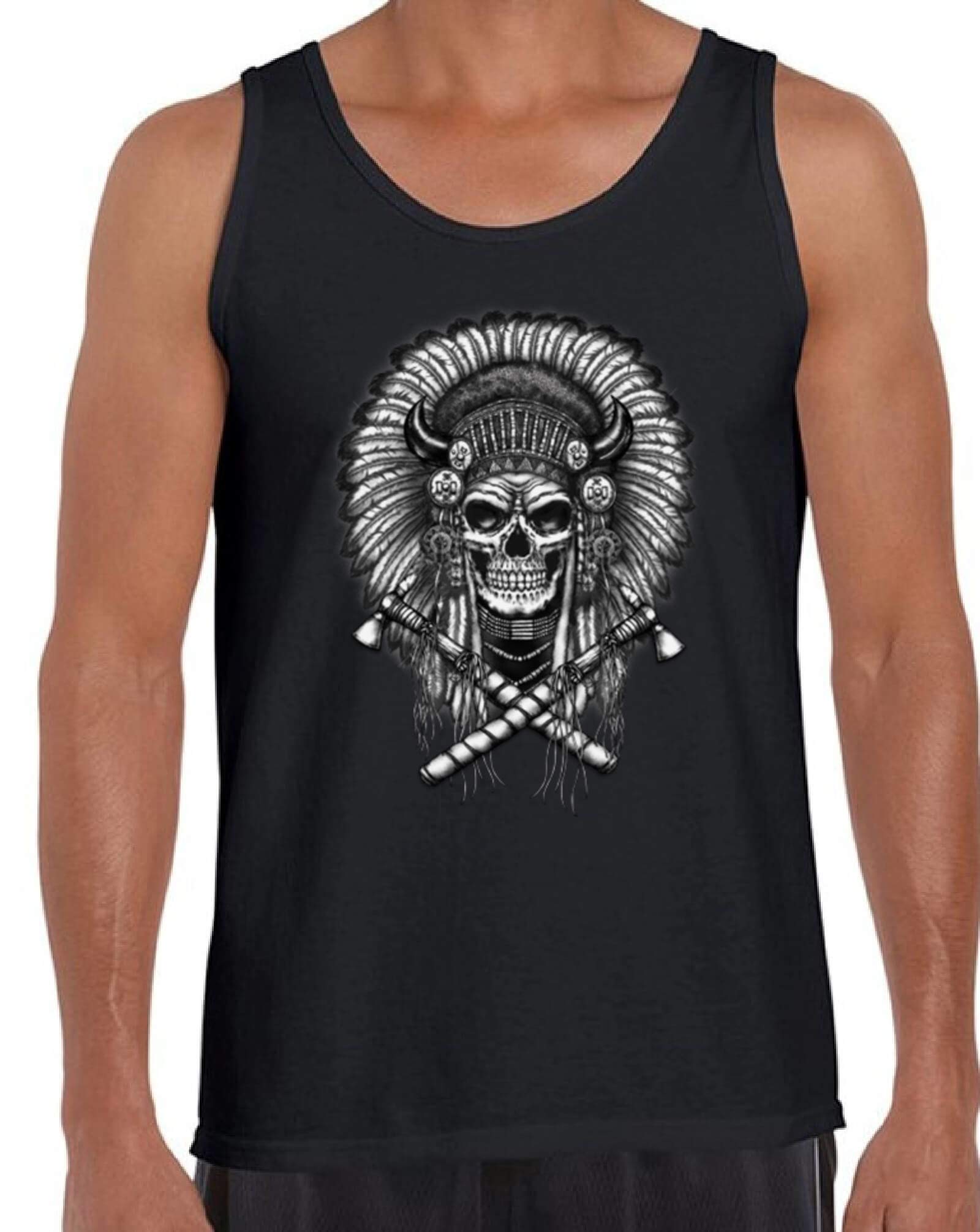 Men's Indian Headdress Skull Graphic Tank Top - Day of the Dead Design | Cool Casual Streetwear for Summer & Festivals | Perfect for Halloween, Dia de los Muertos & Music Events