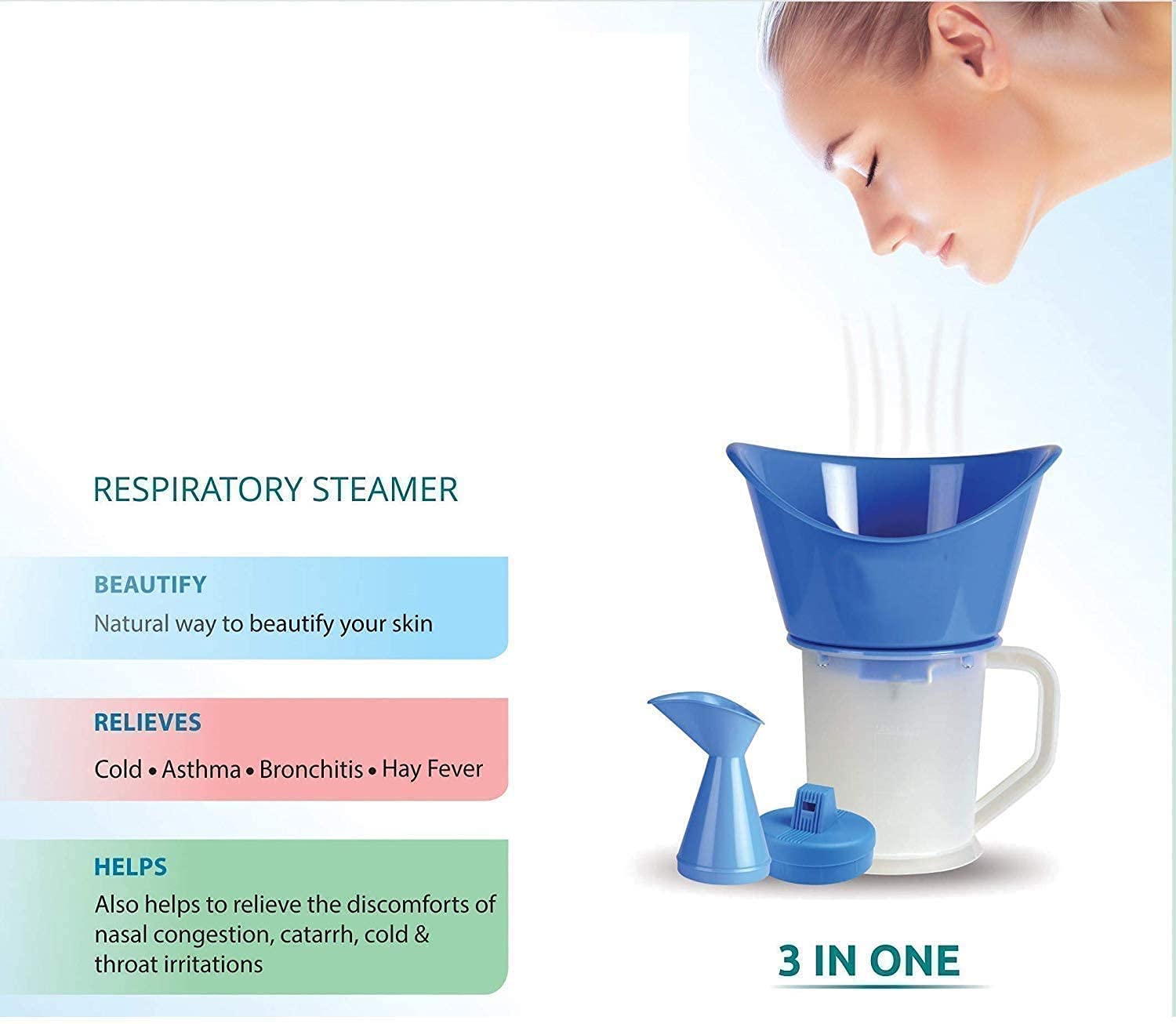 UDEETA MART 3-in-1 Face, Nose & Cough Steamer - Plastic Steam Vaporizer, Nozzle Inhaler & Facial Sauna for Adults & Kids | Relieves Congestion, Hydrates Skin | Perfect for Cold Relief & Home Spa Treatments