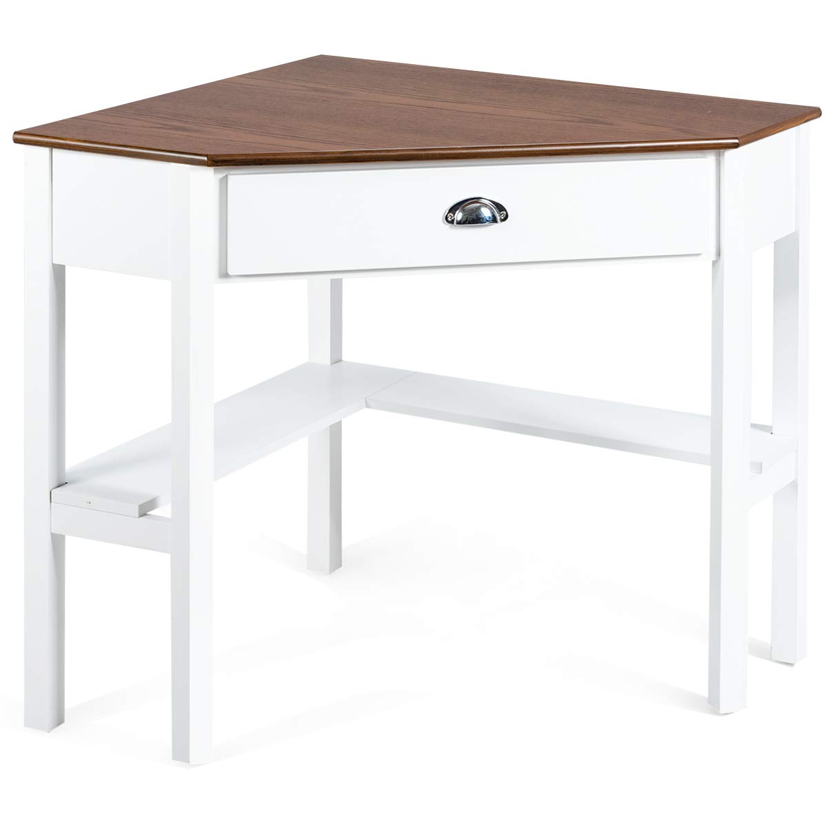 Modern Wooden Corner Desk with Drawers & Shelves - Space-Saving Triangle Computer Desk, Writing Table with Storage for Home Office, Bedroom, Small Spaces (Natural & White) - Perfect for Work, Study & Makeup Vanity