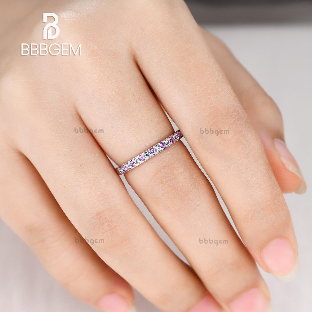 Milgrain Channel Set Half Eternity Band - Aquamarine & Amethyst Birthstone Ring for Women | Wedding, Anniversary, Birthday Gift Jewelry