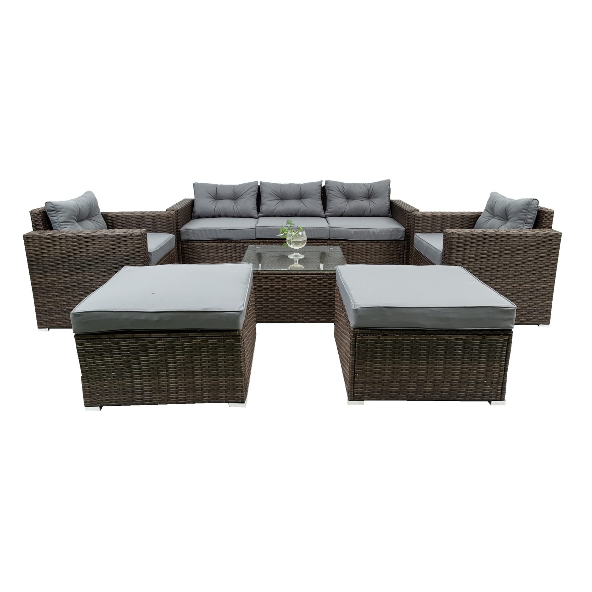 6-Piece Patio Rattan Wicker Outdoor Furniture Set with Storage Box, Removable Cushions & Tempered Glass Tabletop - Garden, Porch, Backyard Conversation Sofa for Relaxing & Entertaining Guests