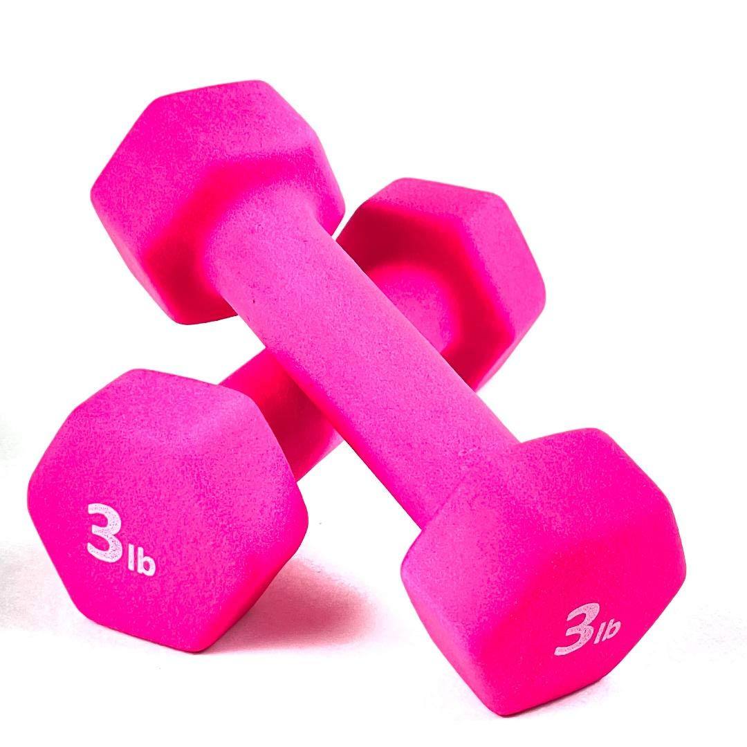 FRS Neoprene Coated Hex Dumbbell Weights 3LB Pair - Hot Pink for Women's Home Gym, Strength Training & Yoga | Non-Slip Grip, Quiet Workout Equipment