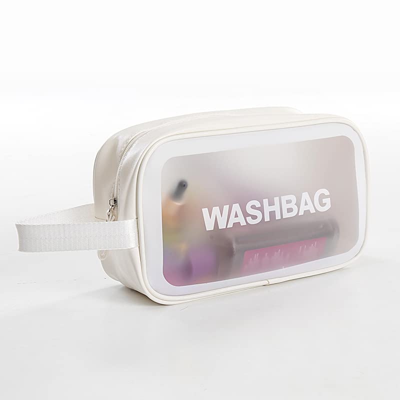 Waterproof PVC Travel Toiletries Bag - Clear Cosmetic Makeup Organizer Pouch for Women | Portable Shower Wash Bag for Bathroom, Gym & Vacation (White)
