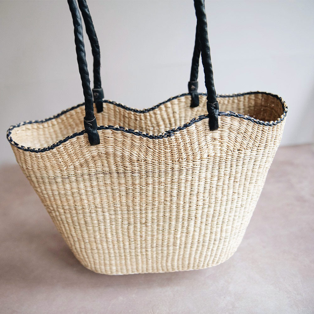 Handwoven Basket Tote Bag - Natural Woven Straw Beach Bag with Leather Handles - Perfect for Beach, Picnic, Shopping and Farmers Market