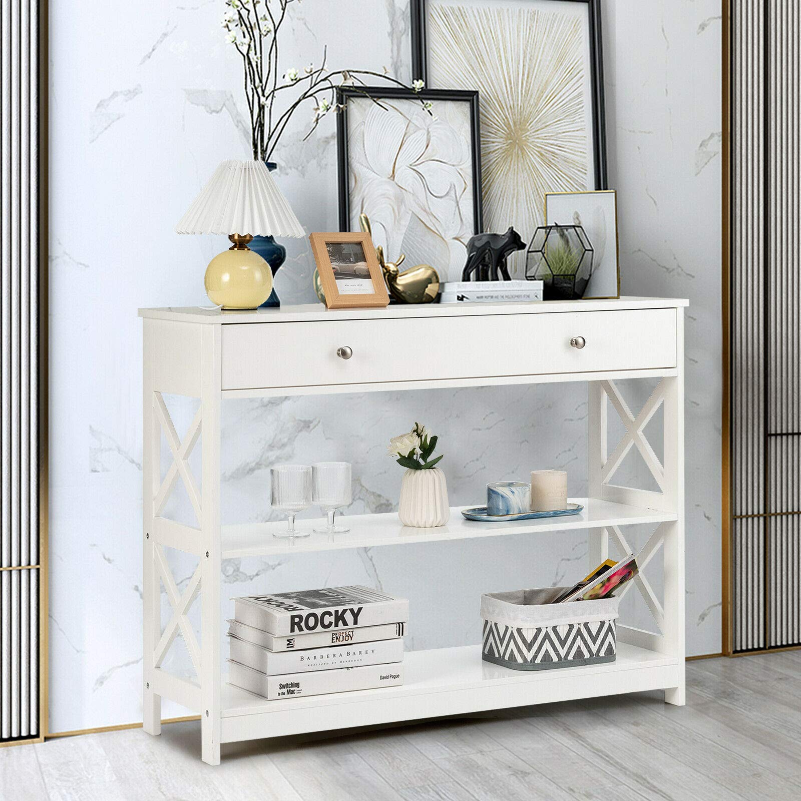 Elegant White Console Table with Storage Drawers & Shelves - Sturdy & Durable Sofa Accent Table for Living Room, Hallway, Entryway - Perfect for Home Decor & Organizing Keys, Books & Decorative Items