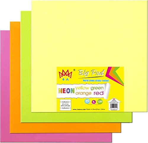 4A Sticky Big Pad - 11x11 Inch Large Self-Stick Notes, Neon Yellow/Orange/Red/Green, 30 Sheets per Pad, 4 Pads per Pack - Perfect for Office Organization, Classroom Projects, and Home Reminders