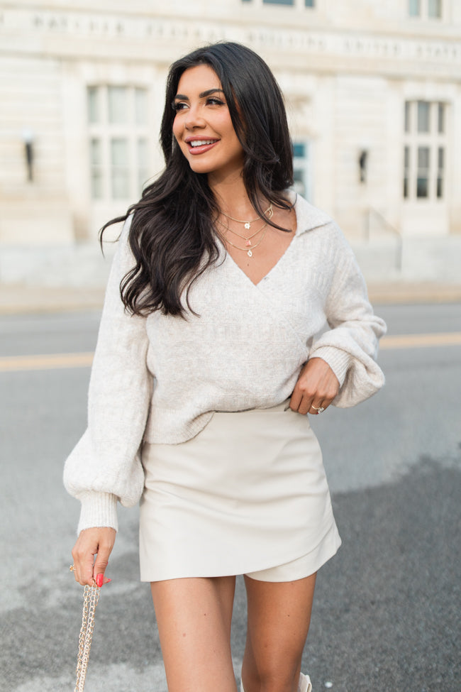 See You Tomorrow Beige Collared Wrap Sweater Women's Knit Cardigan | Cozy Fall & Winter Fashion | Perfect for Office, Date Night & Casual Outings