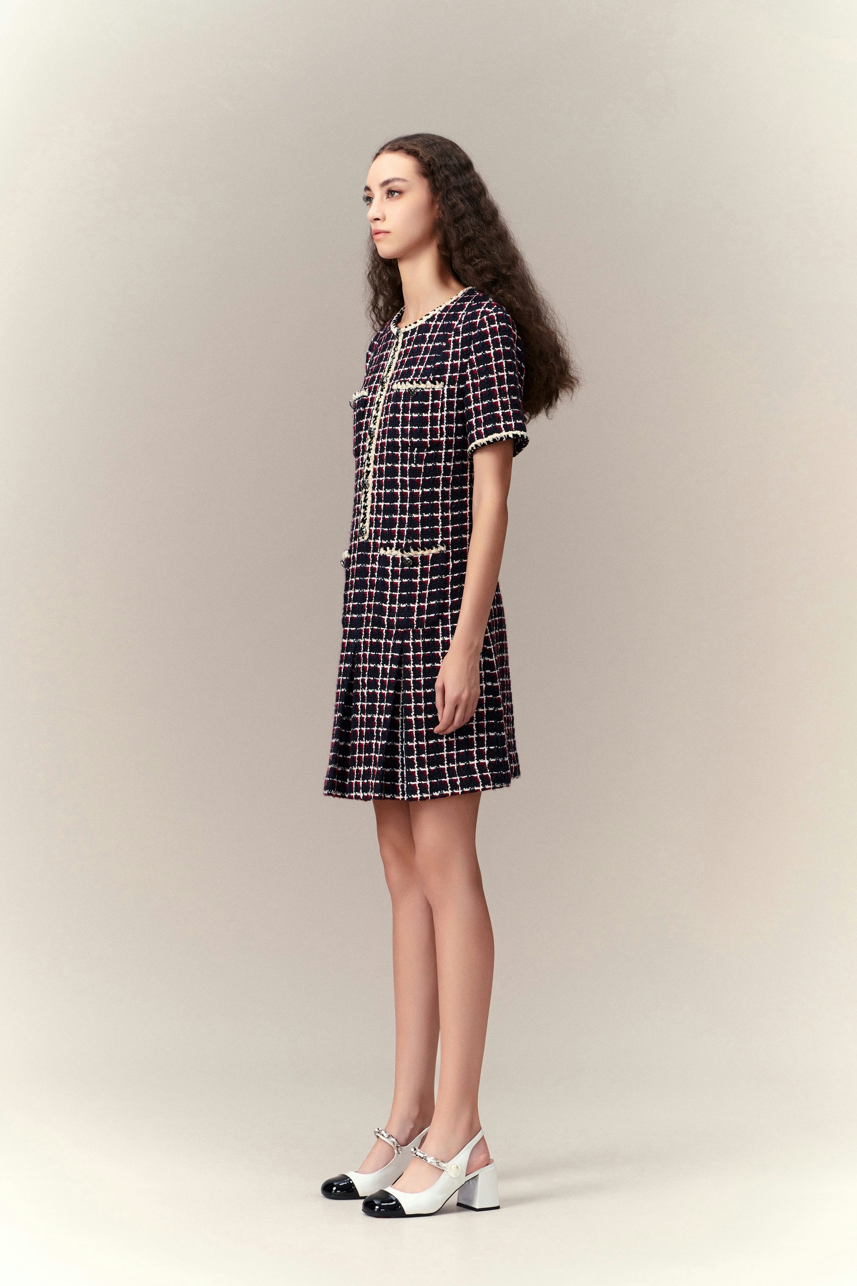 Elegant Pleated Tweed Dress for Women - Classic Office & Party Wear - Perfect for Work, Cocktail Events & Formal Occasions
