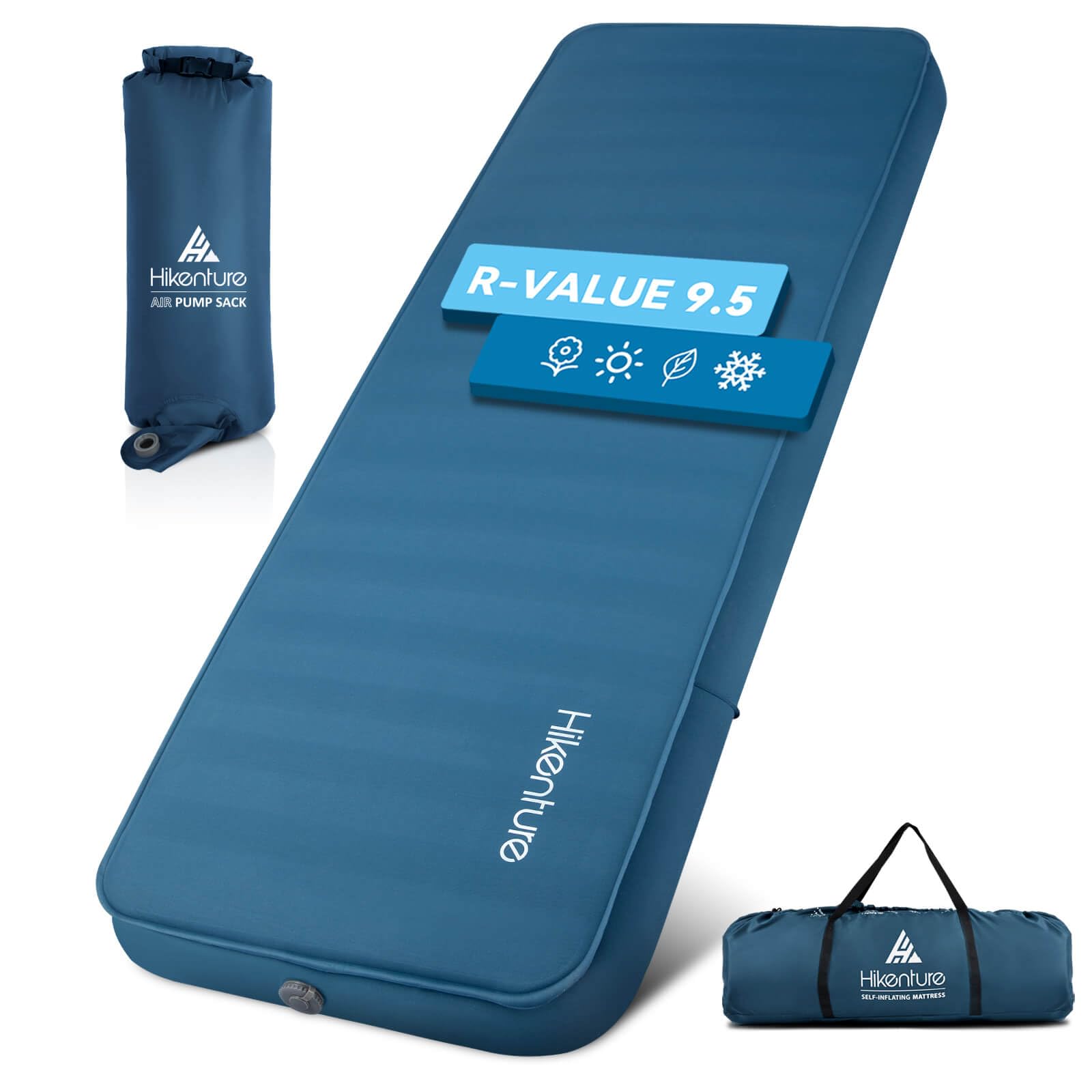 Hikenture 4 Inch Thick Self Inflating Sleeping Pad - 9.5 R Value Insulated Camping Mattress with Pump Sack, Lightweight Portable Foam Inflatable Camping Mat for Backpacking, Hiking & 4-Season Outdoor Adventures