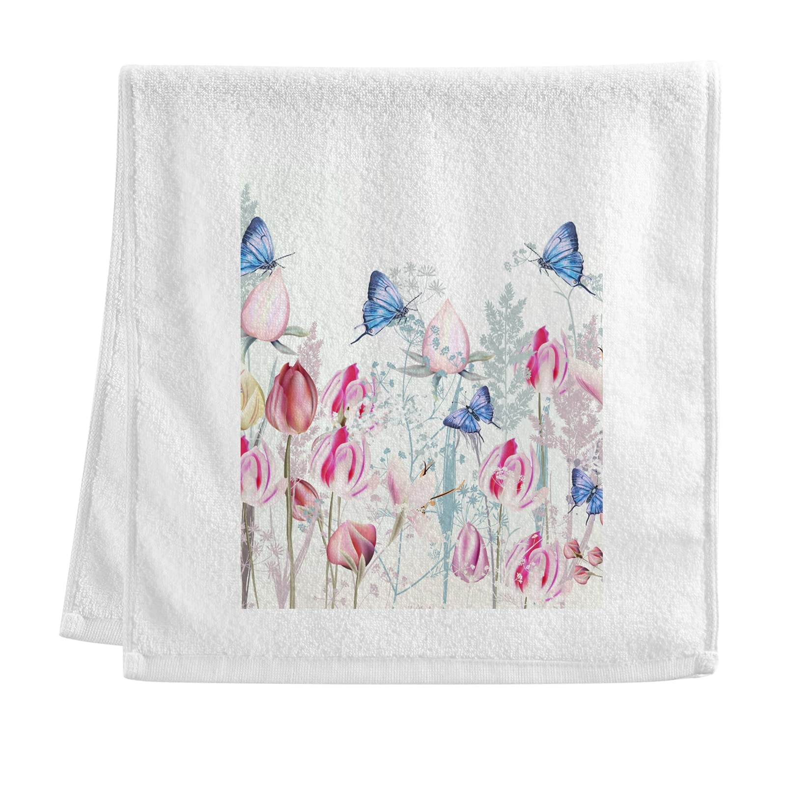 ALAZA 100% Cotton Hand Towel - Pink Tulip Crocus Flowers with Blue Butterflies Spring Design | Soft Absorbent Bath & Kitchen Towel for Face, Hair, Dishes | Perfect for Bathroom Decor, Spa Days & Tea Time