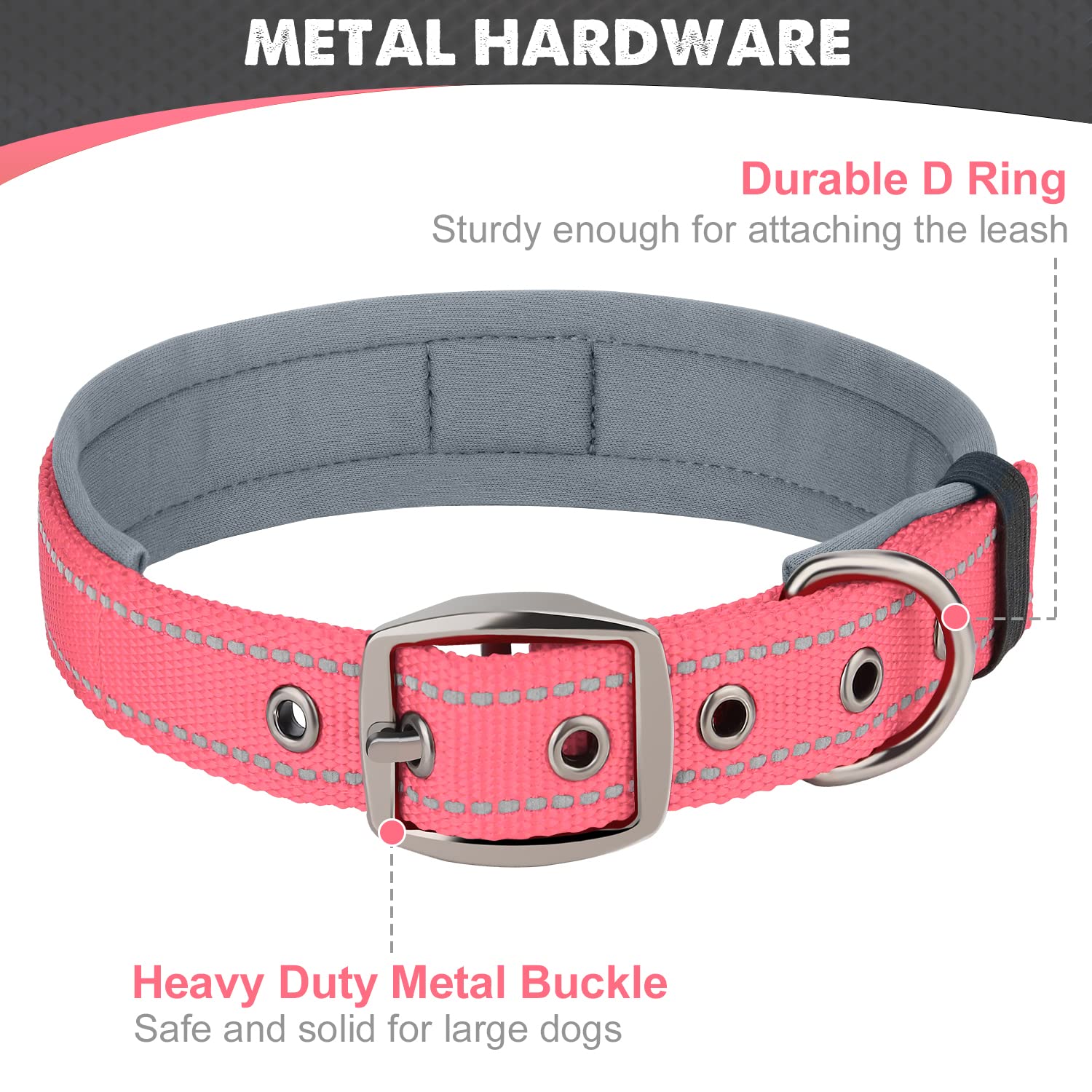 **Joytale Neoprene Padded Reflective Dog Collar - Adjustable Heavy Duty Pet Collar with Metal Buckle for Large Dogs, Pink, Size L - Perfect for Walking, Training & Outdoor Adventures**