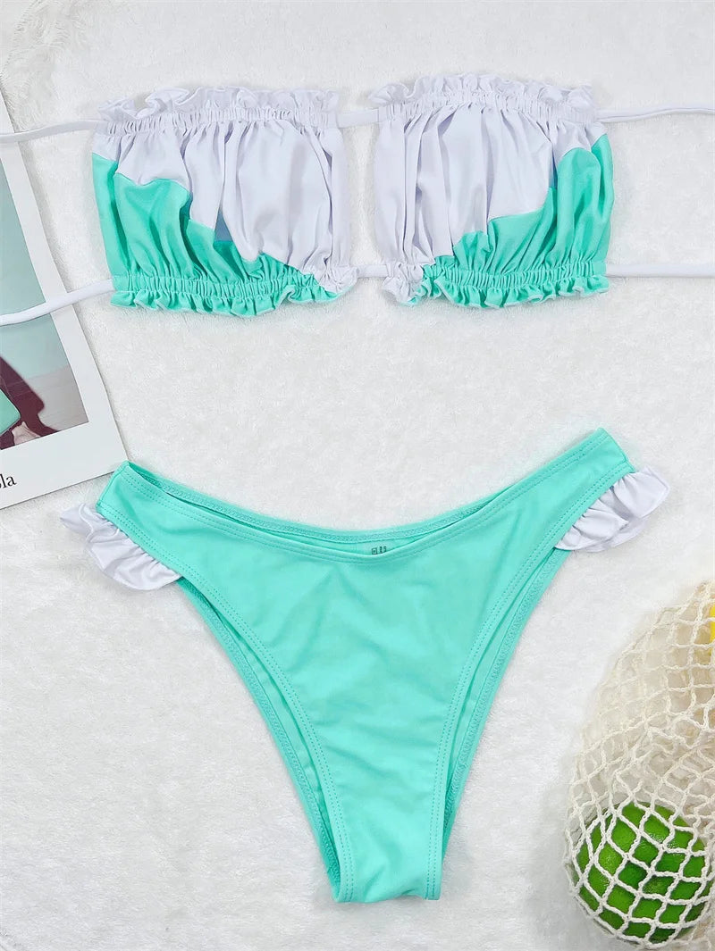 Women's Bandeau Pleated Ruched Bikini Set - Green Patchwork Two Piece Swimwear | Perfect for Beach Vacation, Pool Party & Summer Getaways