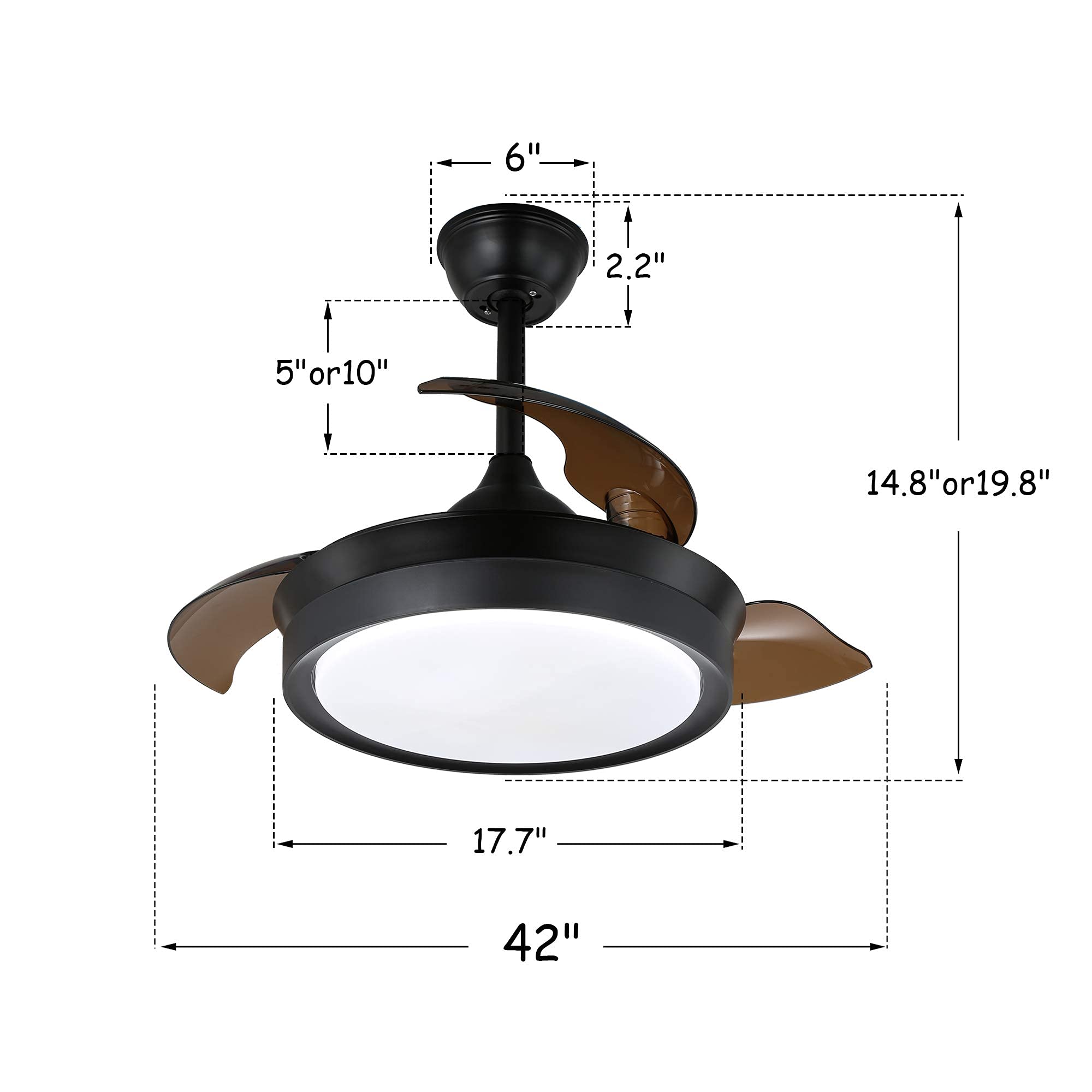 42 Inch Retractable Ceiling Fan with Lights and Remote Control - 3 Adjustable Blades, 3 Color Changing LED Lights, 4 Timer Settings, Ultra Quiet Motor, Modern Black Design for Living Room, Bedroom, and Outdoor Patio