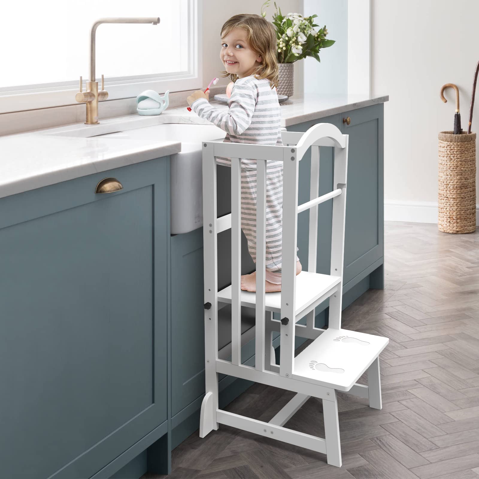 DORPU Adjustable Height Learning Step Stool for Kids - Toddler Kitchen Helper Tower with Double-Side Art Board, White - Perfect for Cooking, Drawing & Bathroom Use