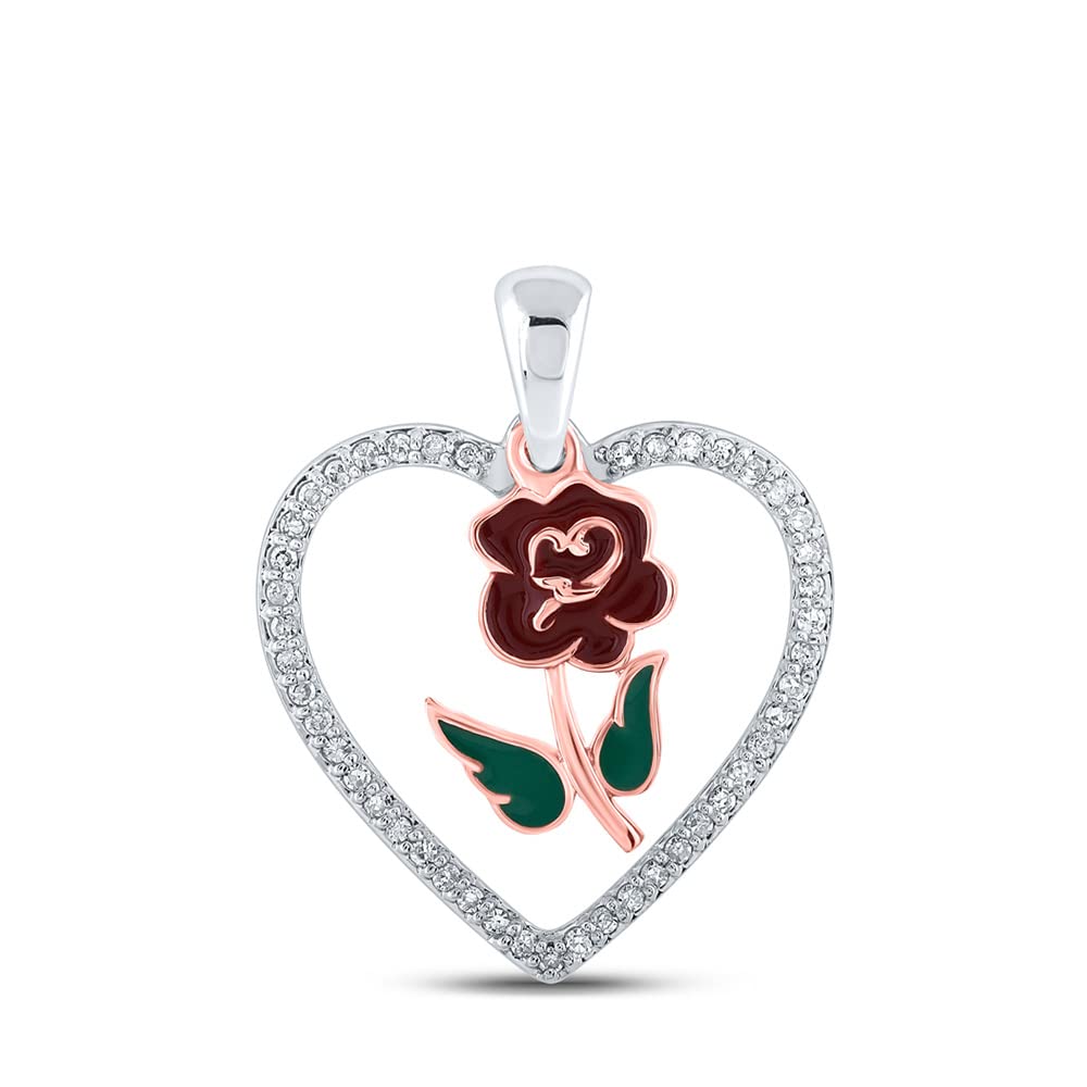 10K White Gold Women's Round Diamond Rose Heart Pendant Necklace - 1/8 CTTW, Perfect for Valentine's Day Gifts, Anniversary & Romantic Occasions
