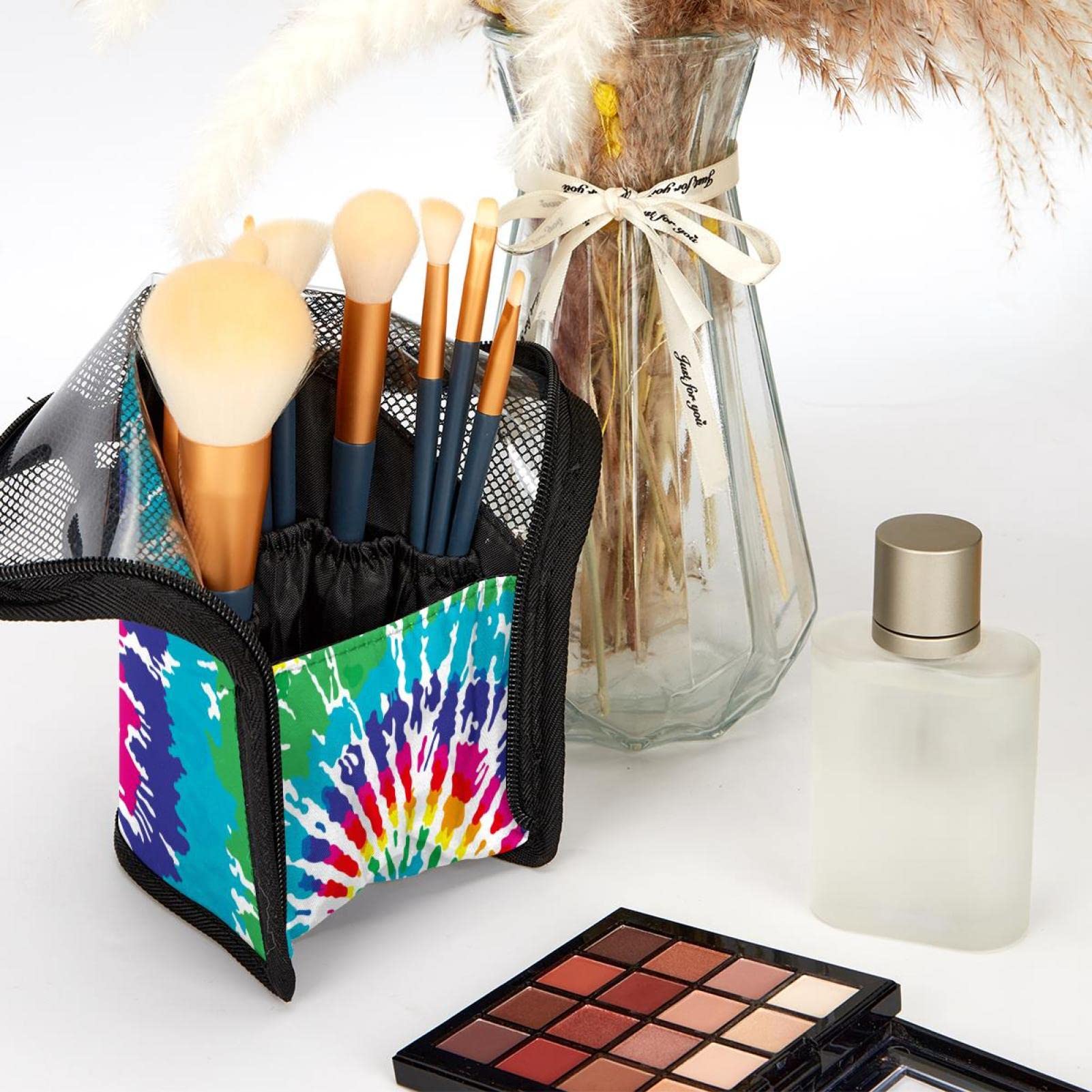 12-Piece Makeup Brush Organizer Bag with Colorful Rainbow Swirl Design - Portable Travel Cosmetic Brush Holder Case for Professional & Home Makeup Artists (Perfect for Travel, Salon & Daily Beauty Routine)