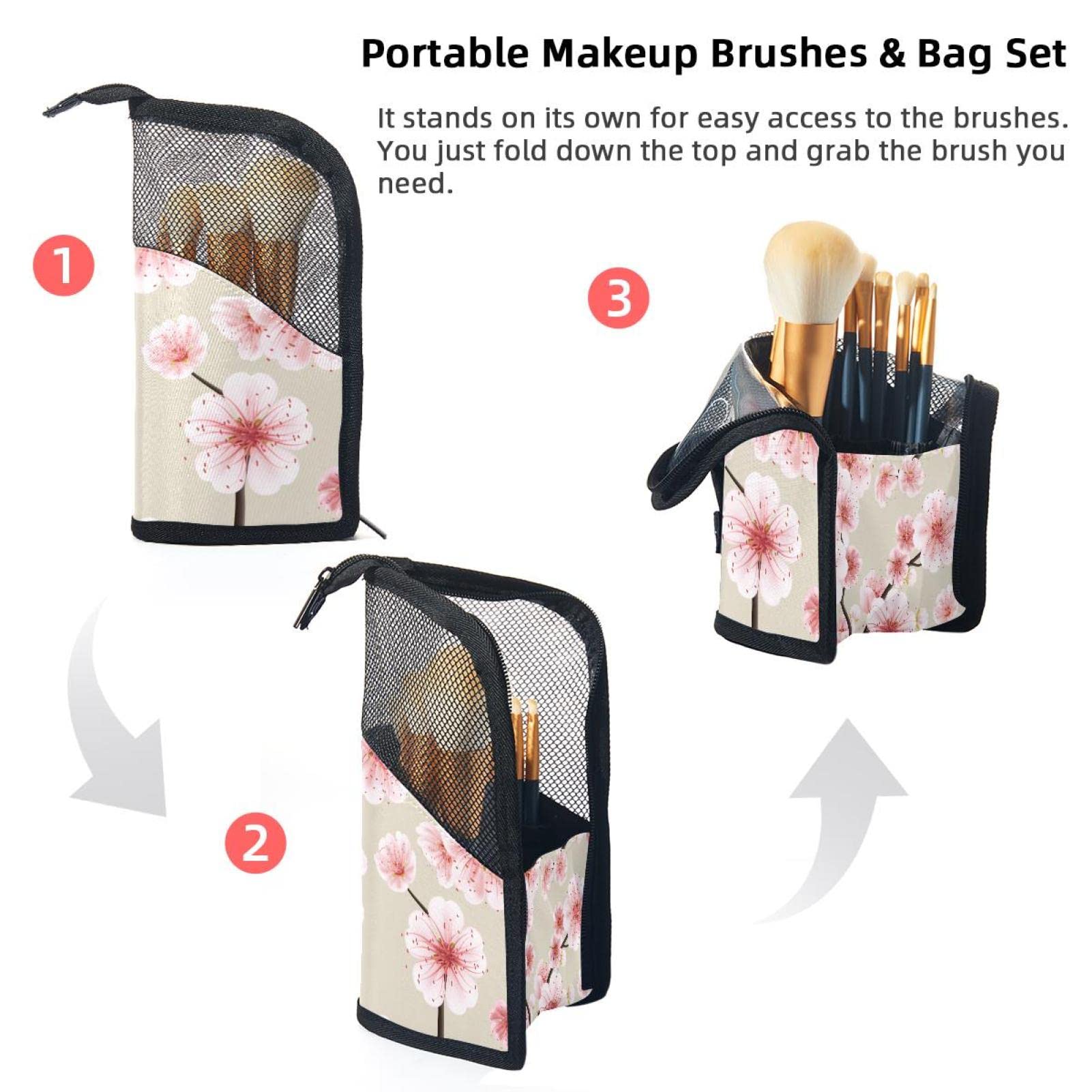 12-Piece Makeup Brush Organizer Bag with Japanese Pink Blossom Flower Design - Portable Cosmetic Brush Holder Case for Travel, Home & Professional Makeup Artists