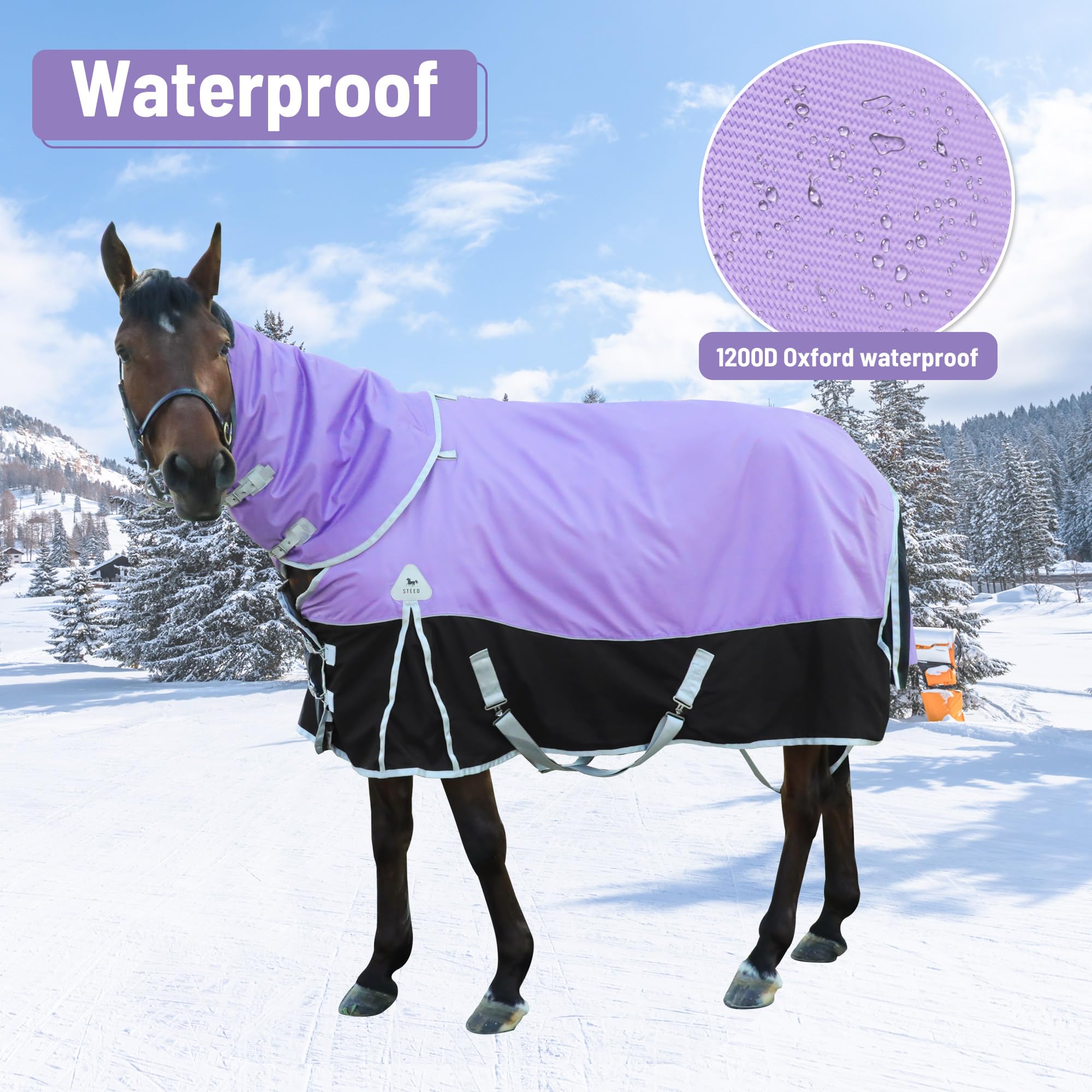1600D Waterproof Winter Horse Blanket with 400g Warm Cotton Filling - Medium Weight Turnout Blanket (81 inches) for Cold Weather Riding and Stable Use