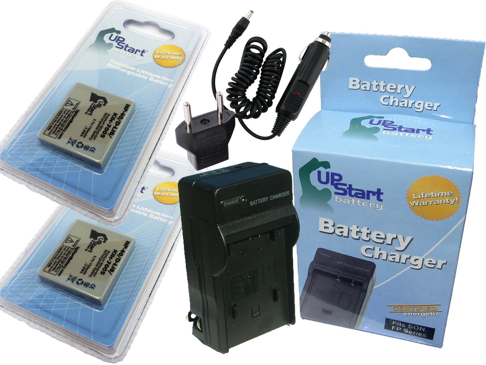 2 Pack Fujifilm NP-40 Replacement Battery & Charger Set with Car/EU Adapters - 750mAh 3.7V Li-ion Compatible with Finepix Z5 Digital Camera - Perfect for Travel, Photography & Backup Power