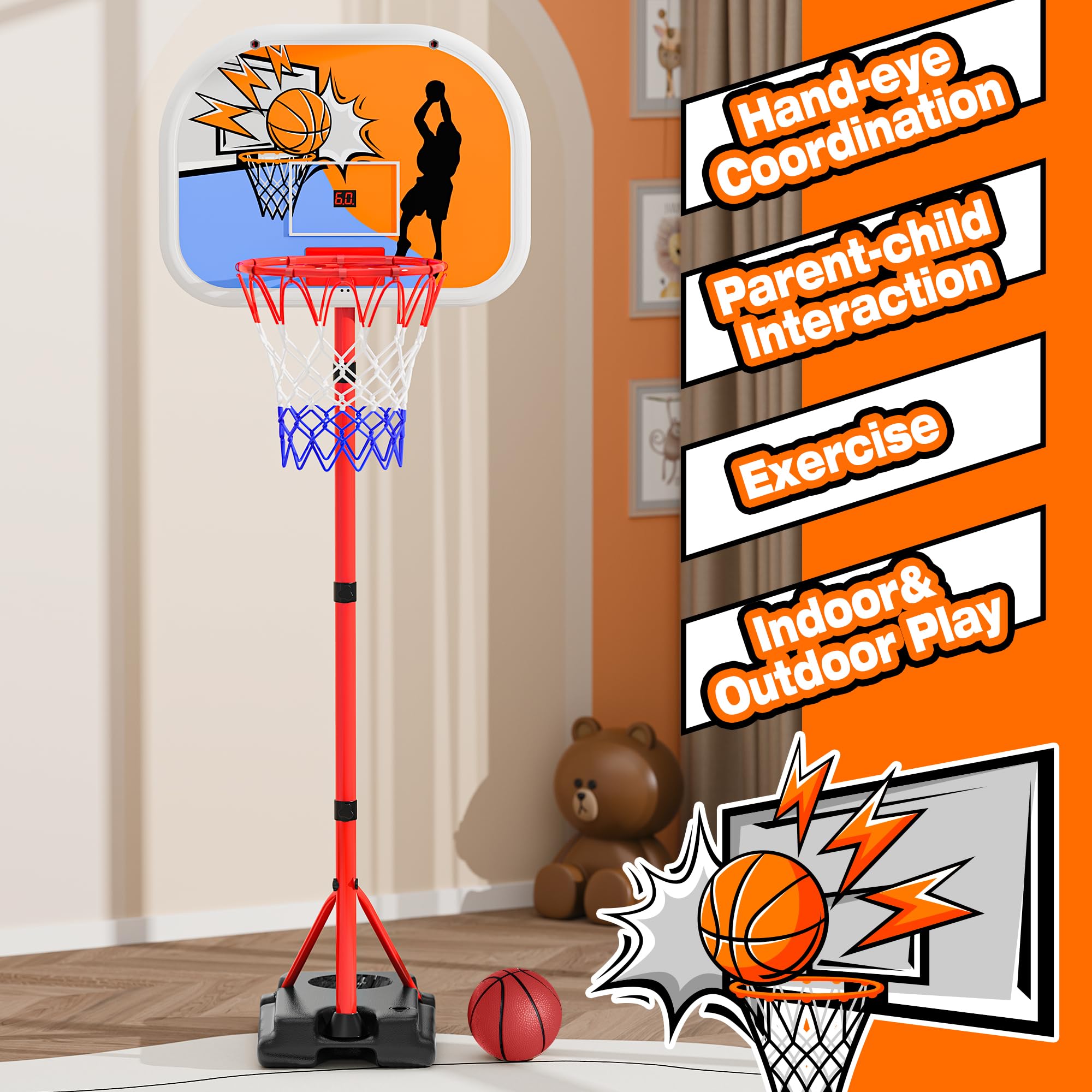 Adjustable Height Kids Basketball Hoop with Electronic Scoreboard (3.4ft-5.9ft) - Indoor/Outdoor Basketball Goal for Toddlers & Children Ages 3-8 - Perfect for Backyard, Playroom & Birthday Gifts for Boys & Girls