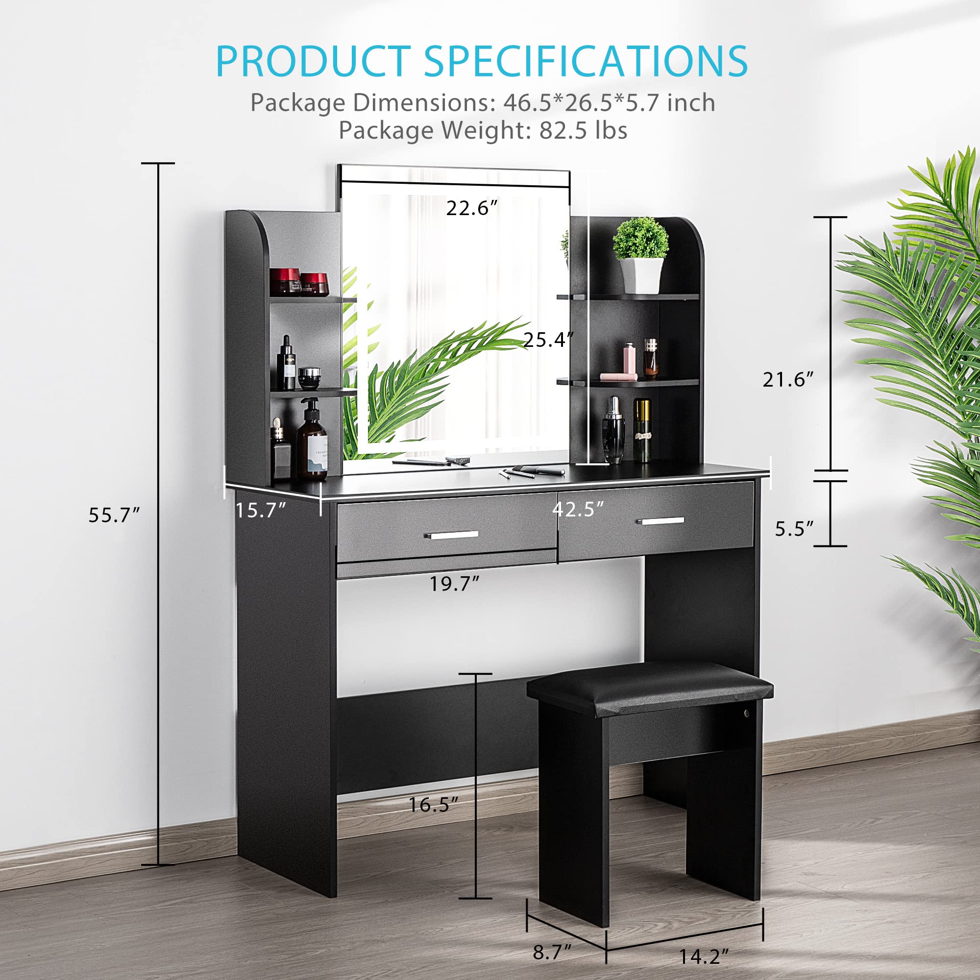 VIVOHOME Black Makeup Vanity Table Set with 3-Color Dimmable LED Mirror, 6 Storage Shelves & 2 Drawers, Includes Cushioned Stool - Perfect for Bedroom, Dressing Room & Beauty Salon Organization