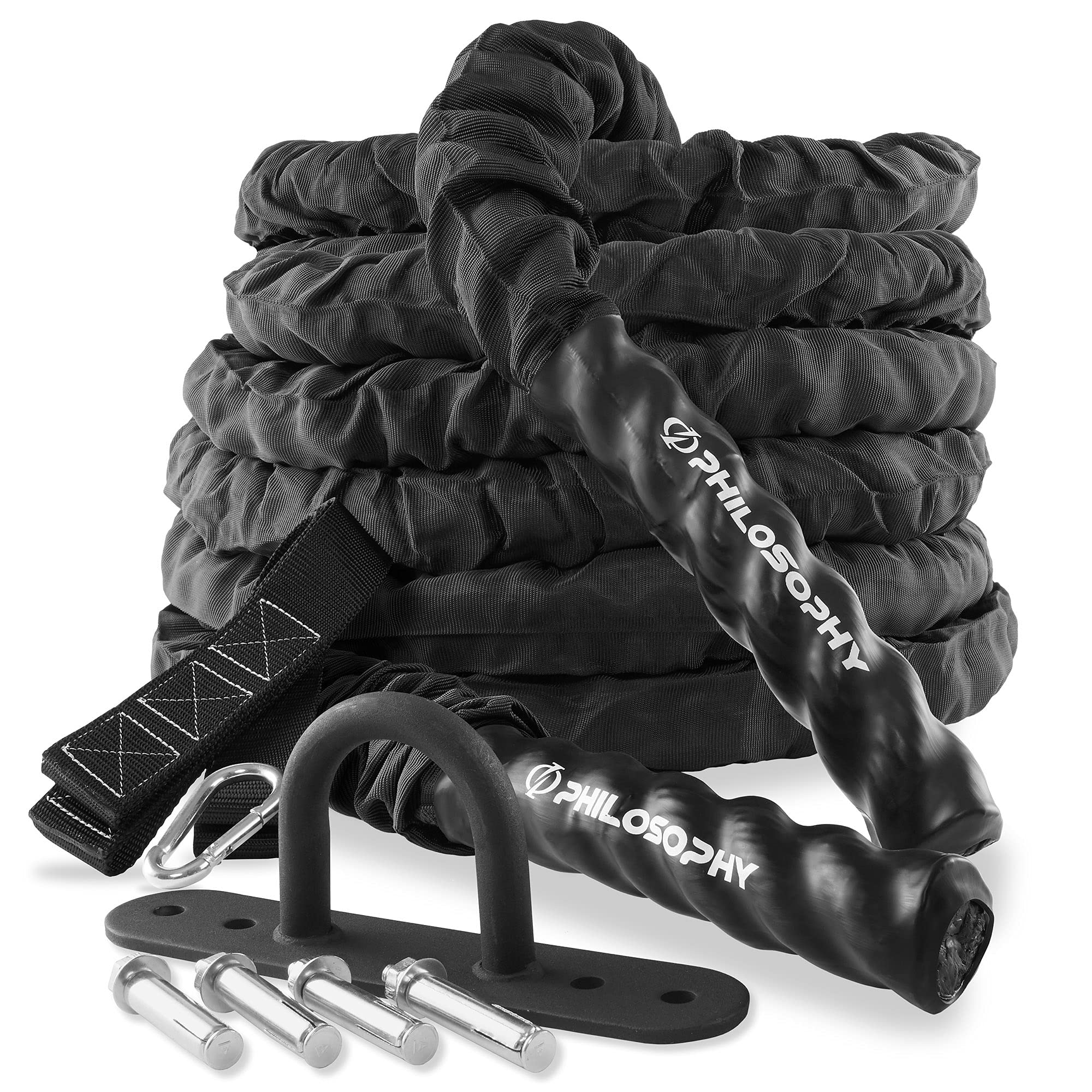 Best Battle Rope for Gym & Home Workouts - Heavy Duty Fitness Training Rope with Protective Cover & Anchor Kit - Ideal for Strength Conditioning, CrossFit & MMA Training