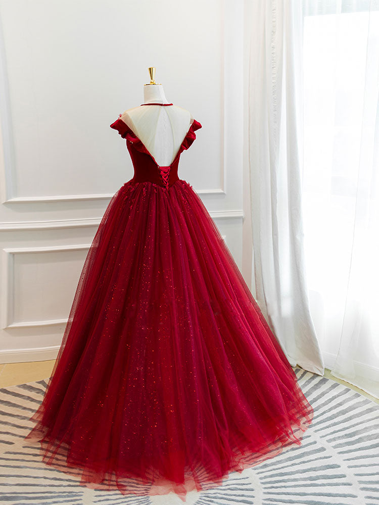 Elegant Burgundy Round Neck Tulle Lace Long Prom Dress | Formal Evening Gown for Homecoming, Wedding, and Special Occasions