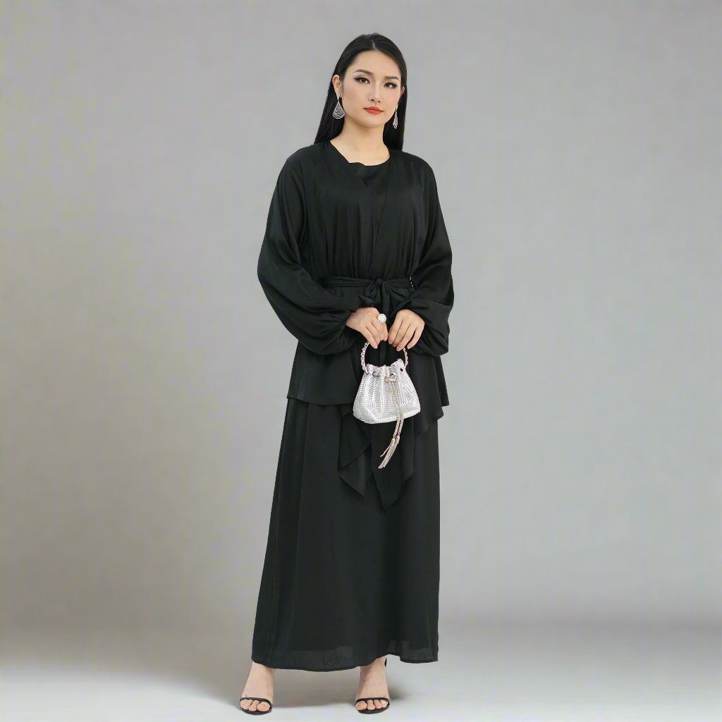 Grace Modest 3-Piece Set - Black Lace Trim Floral Print Outfit for Women | Church, Wedding & Special Occasion Wear