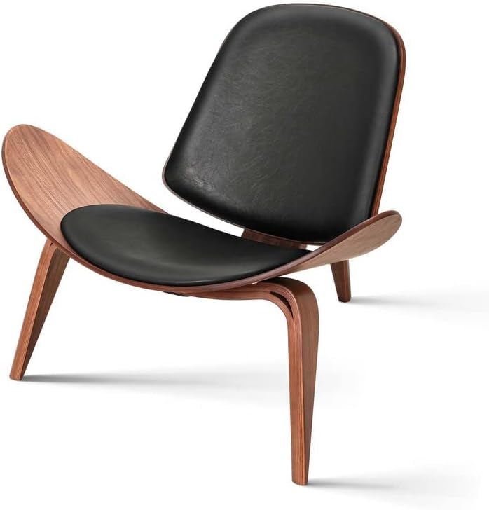 Mid Century Modern Shell Lounge Chair - PU Leather Upholstery, Tripod Plywood Base & Solid Wood Accent - Classic Design Living Room Chair for Reading Nook, Office Lounge & Salon Decor (Brown) - Perfect for Modern Homes, Coffee Shops and Waiting Areas