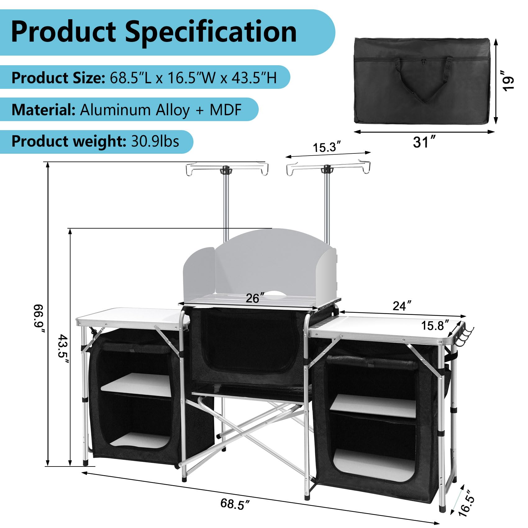 Portable Aluminum Camping Kitchen Table with Windscreen & 3 Storage Cupboards - Foldable Outdoor Cooking Table for BBQ, Picnic, Hiking & Backpacking | Perfect for Camping, Tailgating & Beach Parties