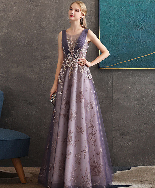 Elegant Purple Tulle Lace Round Neck Long Prom Dress - Formal Evening Gown for Homecoming, Wedding, Ball & Special Occasions