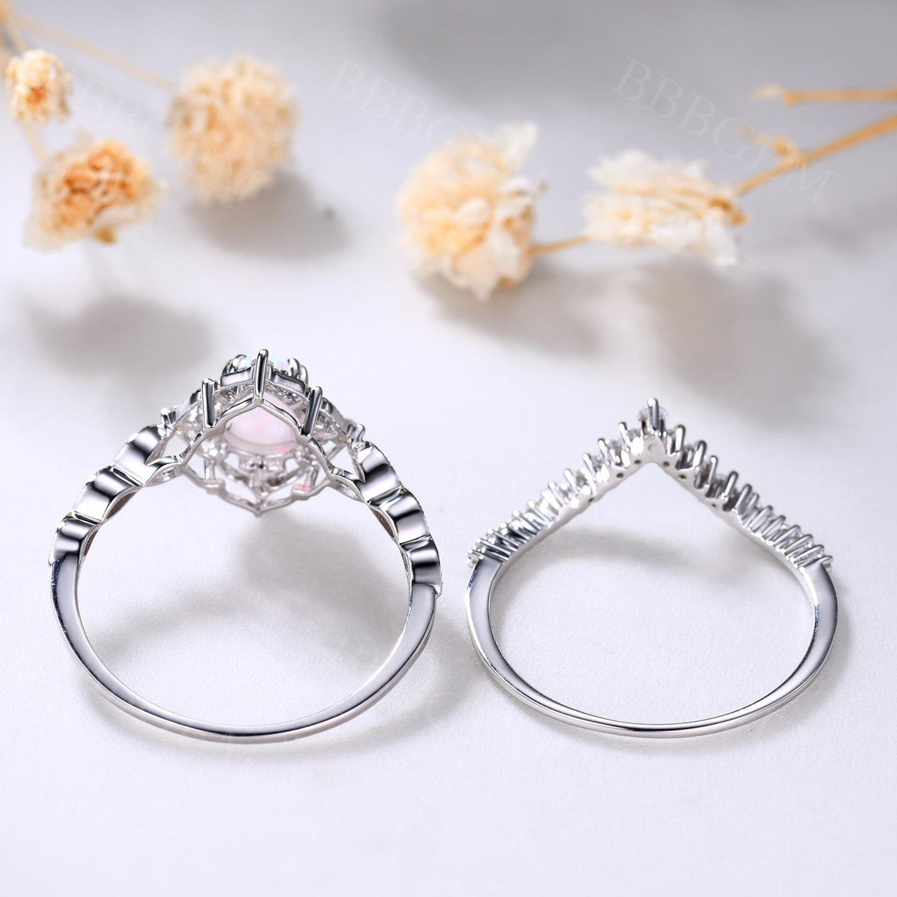 Vintage White Opal Engagement Ring Set - 14K Rose Gold Wedding Band for Women, Bridal Anniversary Jewelry Gift (Perfect for Proposals, Weddings & Romantic Occasions)