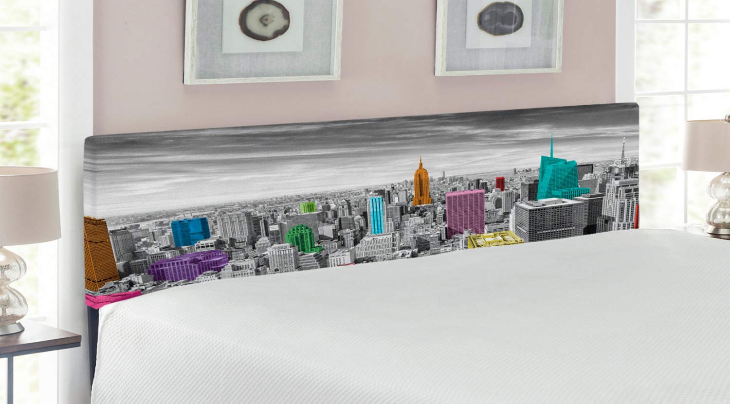 Ambesonne New York Cityscape Headboard - Monochrome Photograph of Colorful Urban Architecture - Upholstered Decorative Metal Bed Headboard with Memory Foam - King Size Multicolor - Perfect for Modern Bedrooms & NYC-Themed Home Decor