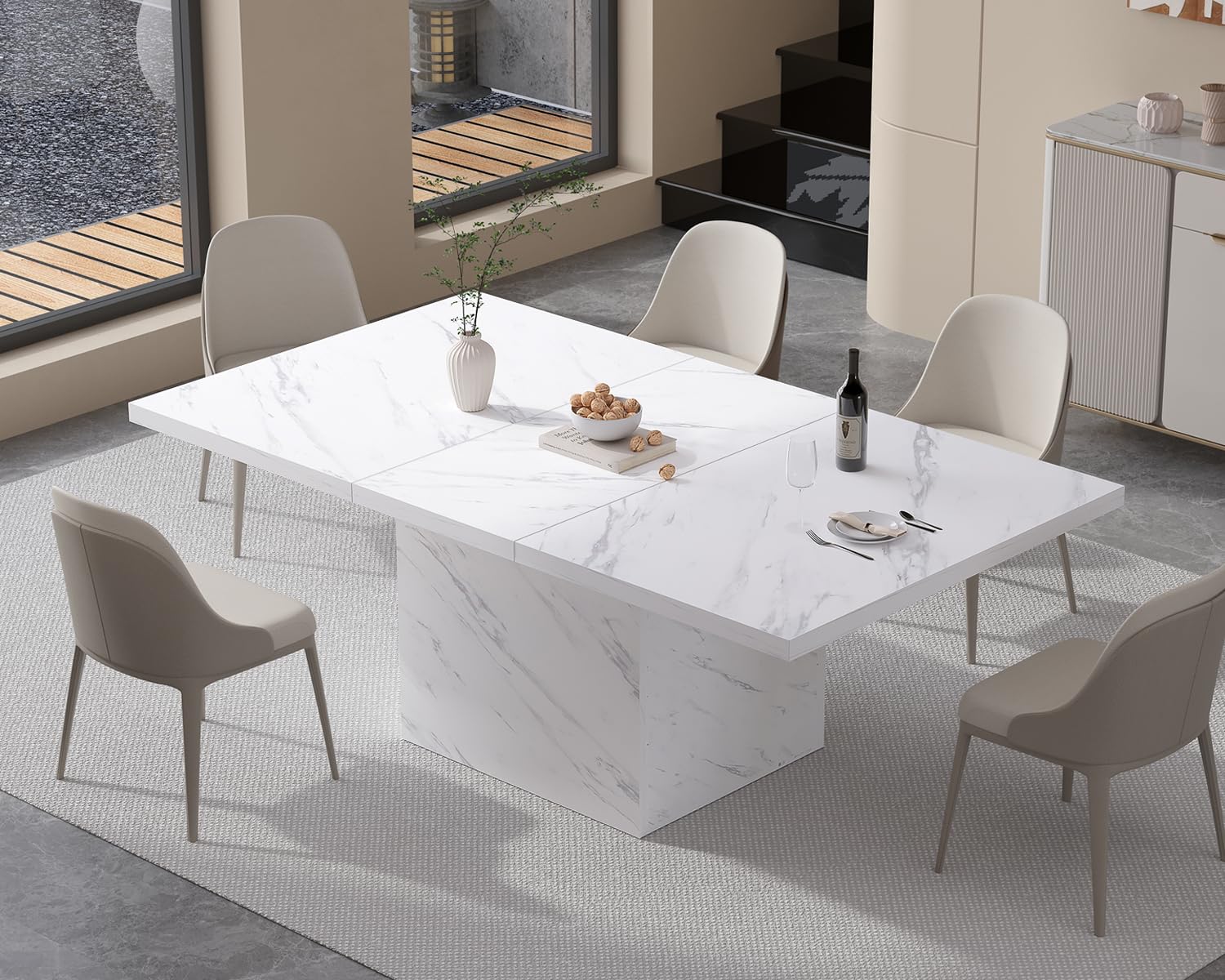 HSH White Faux Marble Dining Table - 63 Inch Modern Farmhouse Style Kitchen Table for 6 People, Sturdy Wood Base with Pedestal Support, Rectangle Design for Dining Room & Living Room | Perfect for Family Gatherings, Dinner Parties & Home Decor