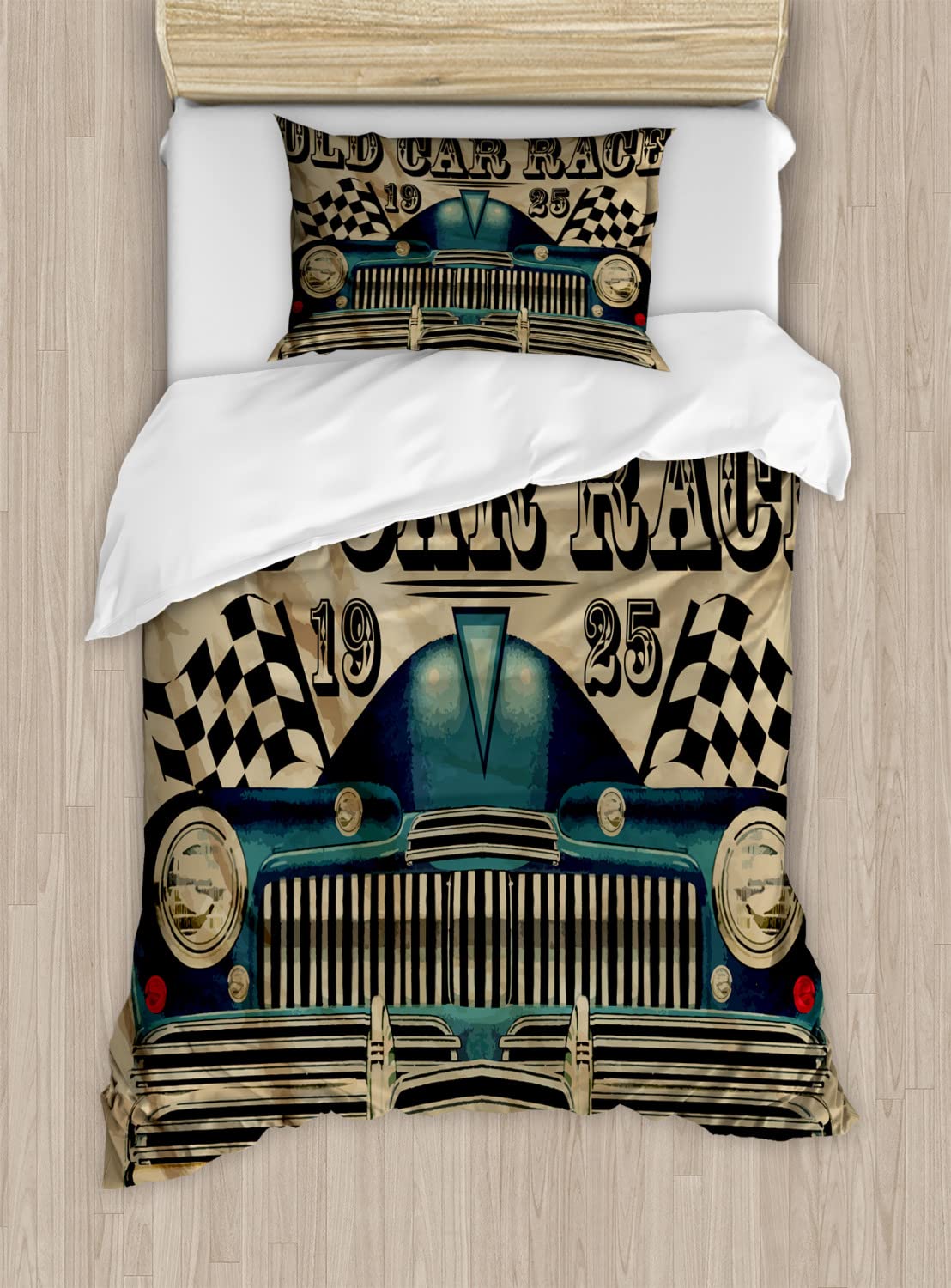 Ambesonne Vintage Car Duvet Cover Set - King Size 2-Pack with 2 Duvet Covers & 4 Pillowcases, Rustic Old Vehicle Race Theme in Sand Brown Black Blue - Perfect for Classic Car Enthusiasts' Bedroom Decor