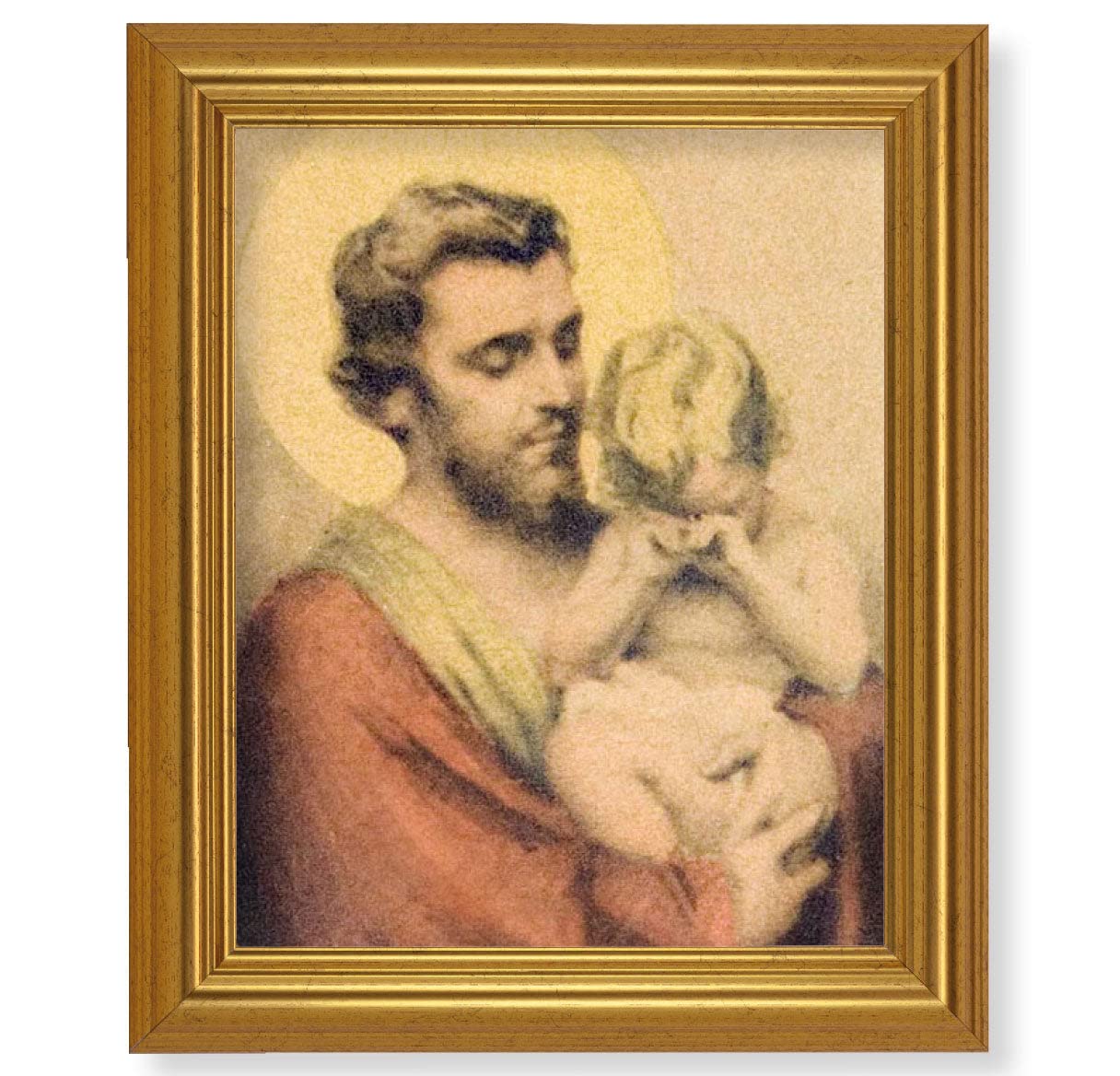 St. Joseph with Crying Jesus Framed Wall Art - Large Antique Gold Leaf Classic Religious Painting - Perfect for Home Chapel, Church Decor & Catholic Gift