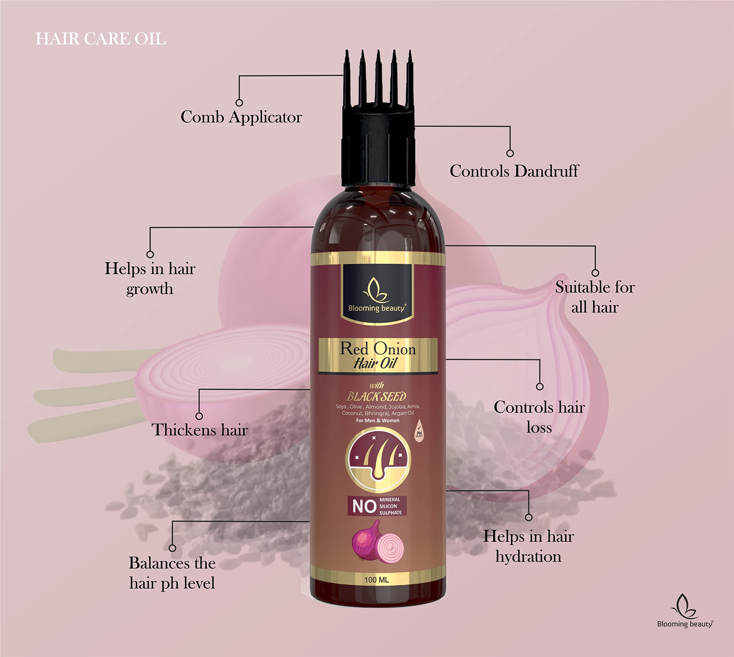 Blooming Beauty Red Onion Hair Growth Oil with Black Seed, Aloe Vera, Neem Leaf & Green Tea - 16 Natural Extracts for Hair Loss Control & Healthy Scalp (100ml with Oil Comb Cap) - Perfect for Daily Hair Care & Thinning Hair Treatment