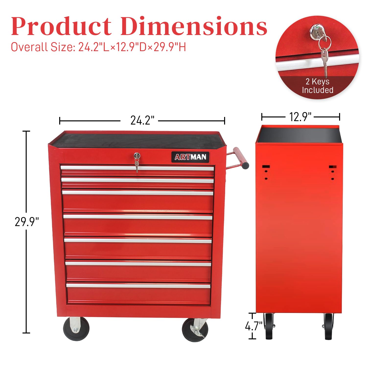 7-Drawer Rolling Tool Chest with Wheels - Heavy Duty Multifunctional Tool Cart for Mechanics - Garage, Workshop & Repair Shop Storage Cabinet (Red) - Perfect for Organizing Tools, Auto Repairs & DIY Projects
