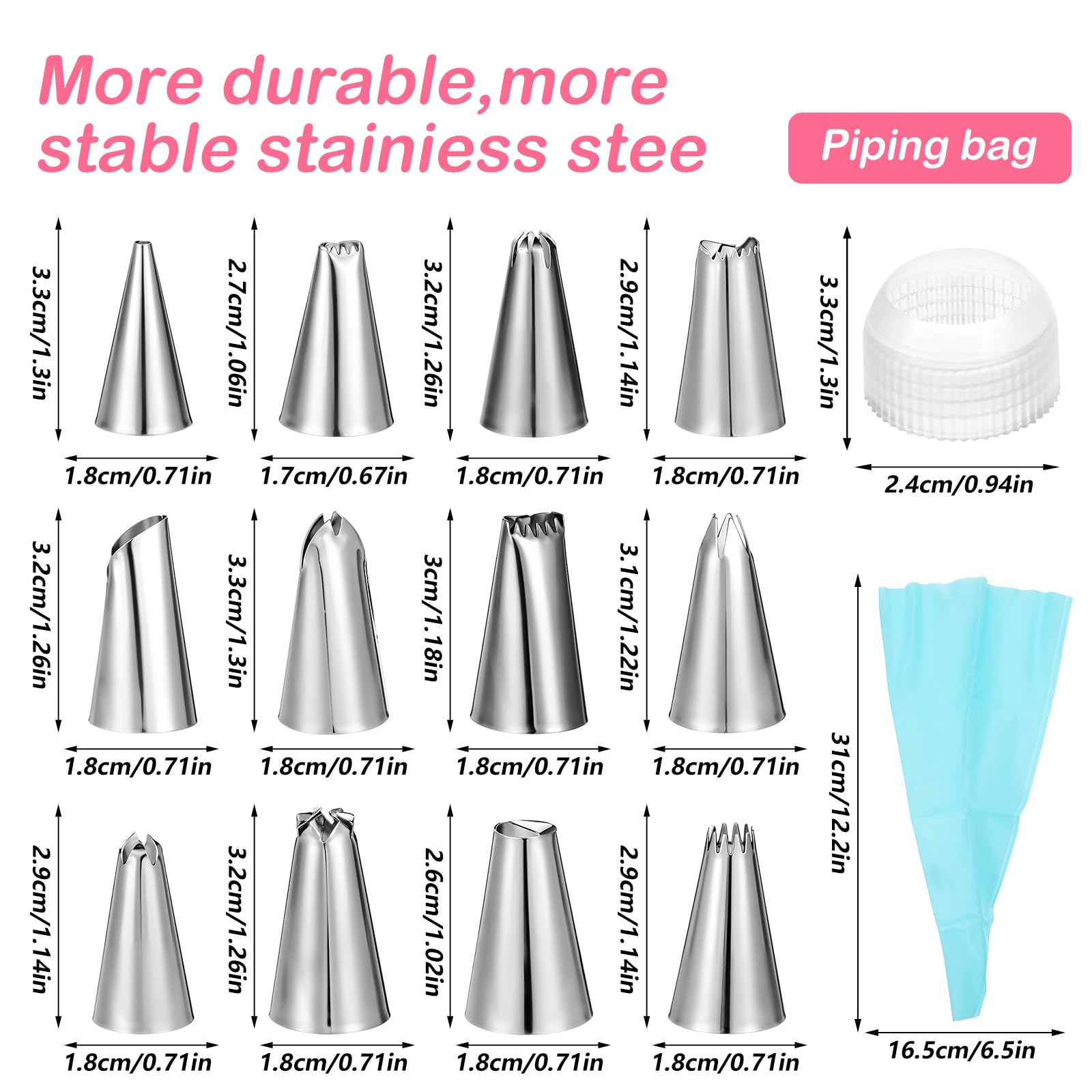 12-Piece Stainless Steel Cake Decorating Tips Set - Reusable Piping Bags & Frosting Nozzles for Baking, DIY Pastry, Cookies, Cupcakes | Professional Baking Tools for Home Bakers & Cake Decorating Parties
