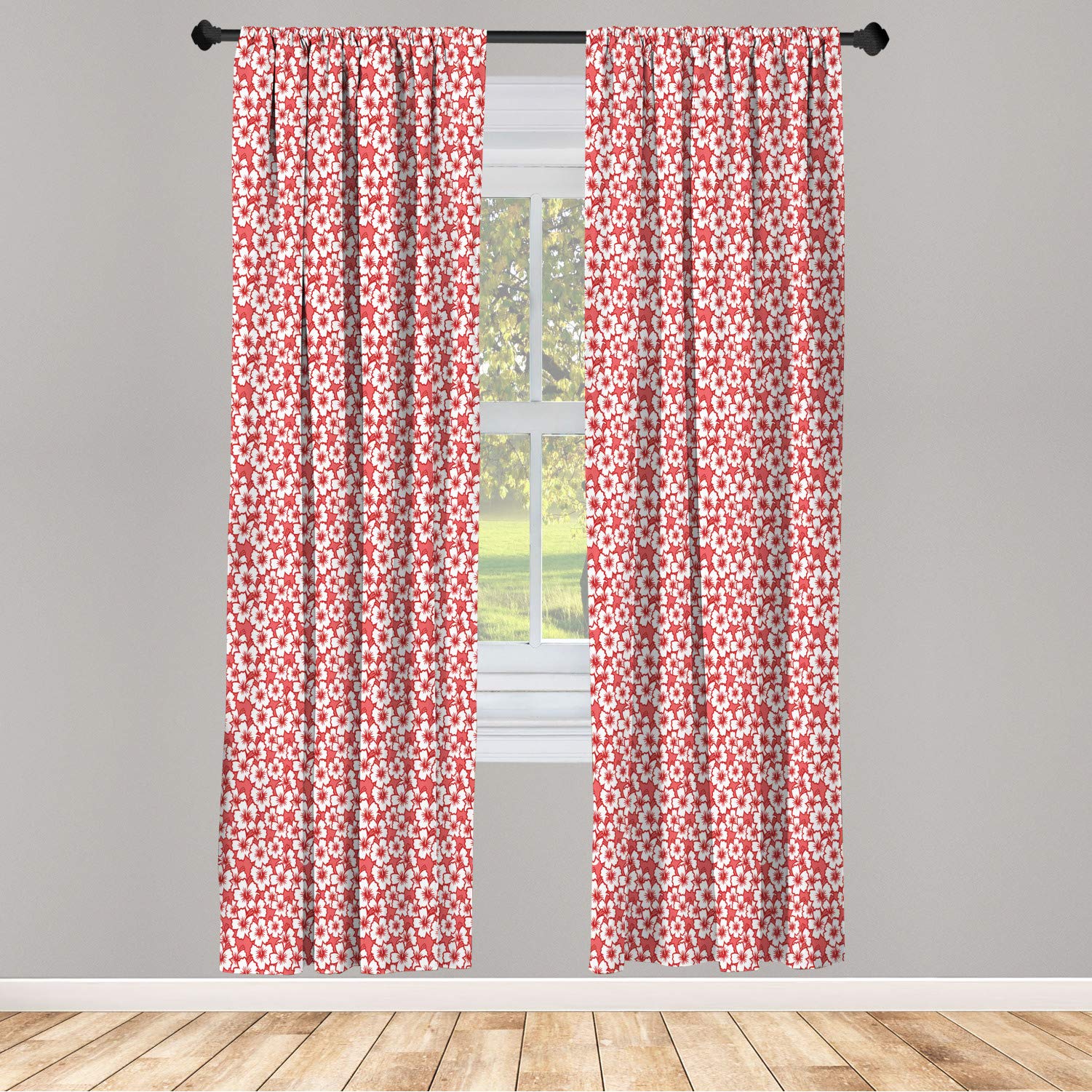 Ambesonne Luau Window Curtains - Tropical Hibiscus Flower Design, Lightweight 2-Panel Set with Rod Pocket (28x63 inches, Coral White) | Perfect for Hawaiian-Themed Living Room, Bedroom & Beach House Decor
