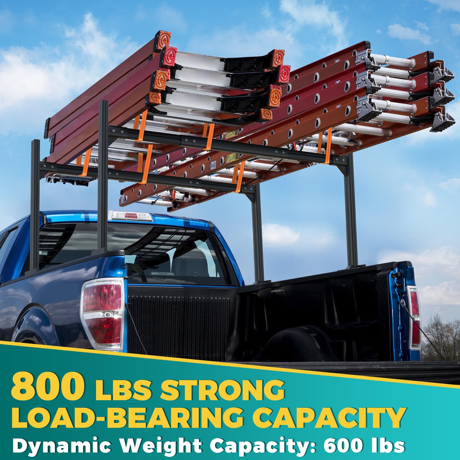 GORWARE 800 lbs Capacity Aluminum Adjustable Truck Ladder Rack - Universal Fit for Pickup Trucks, Black | Heavy Duty Ladder Carrier for Construction & Roofing Work