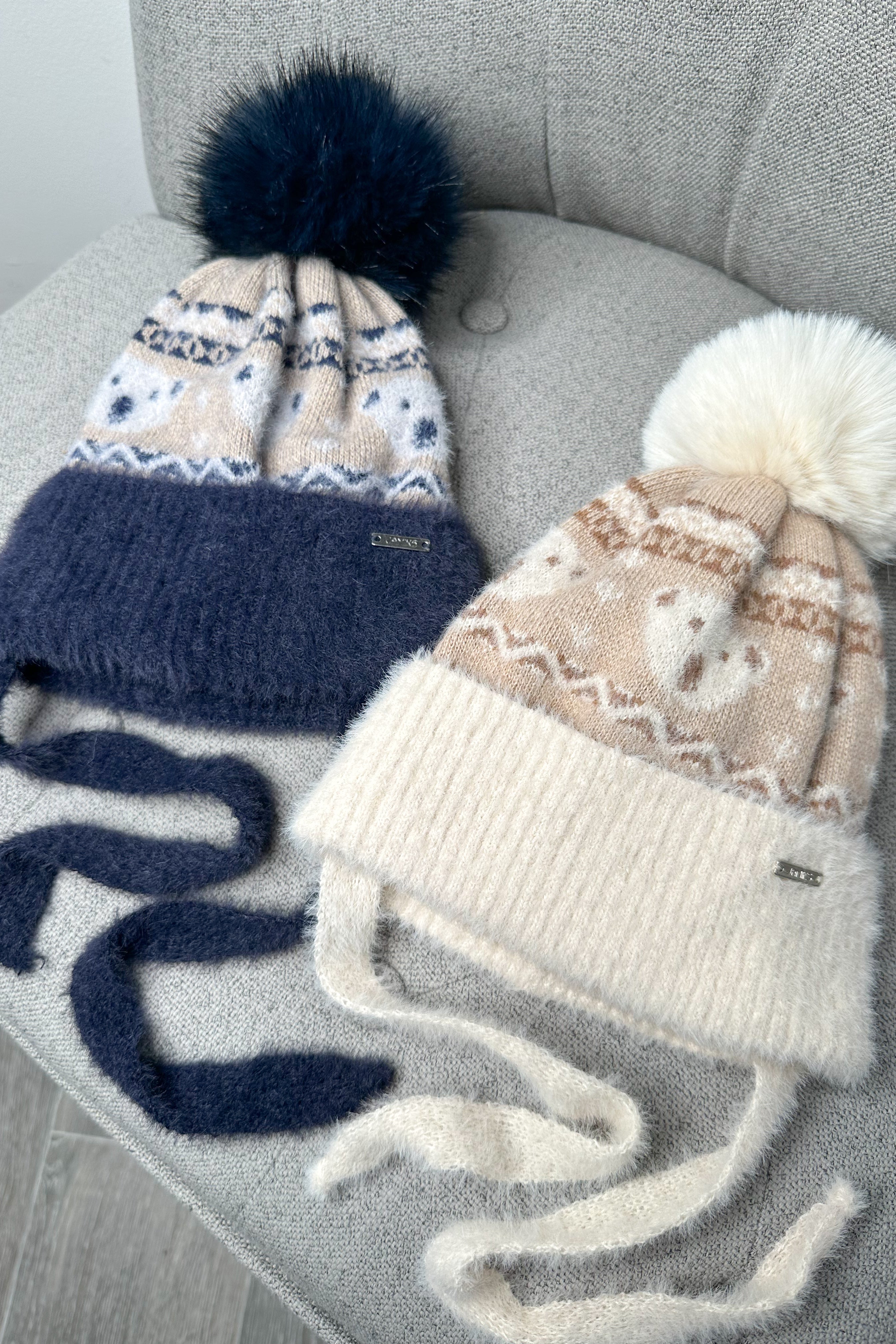 Cozy Navy Blue Teddy Fair Isle Pom Pom Beanie - Winter Knit Hat for Women & Men, Perfect for Snow Days & Outdoor Activities