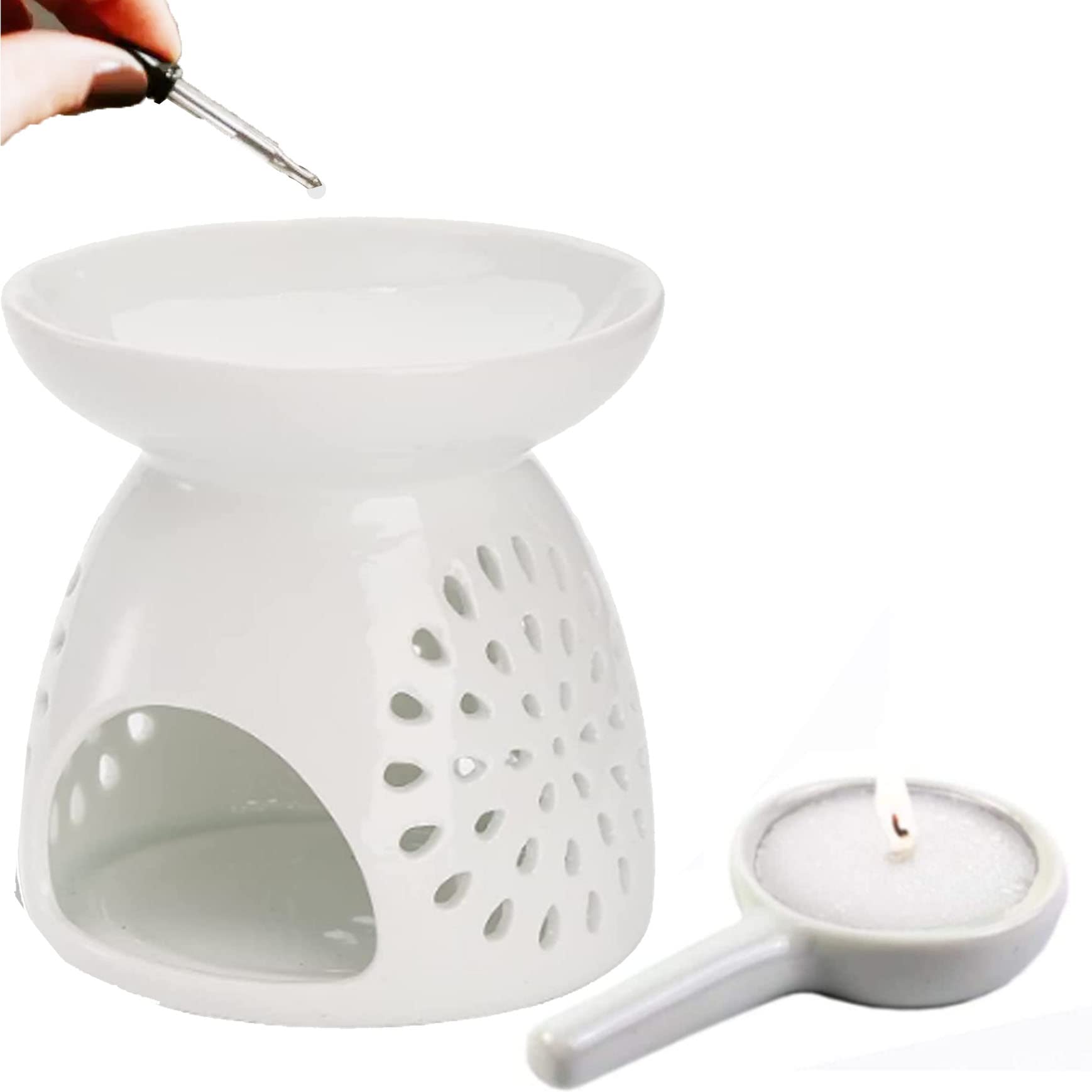 GYUNXI White Ceramic Tealight Candle Holder with Spoon - Essential Oil Warmer & Wax Melter for Home Decor, Christmas, Housewarming Gifts - Perfect for Aromatherapy, Holiday Decorations and Cozy Ambiance (Size C)