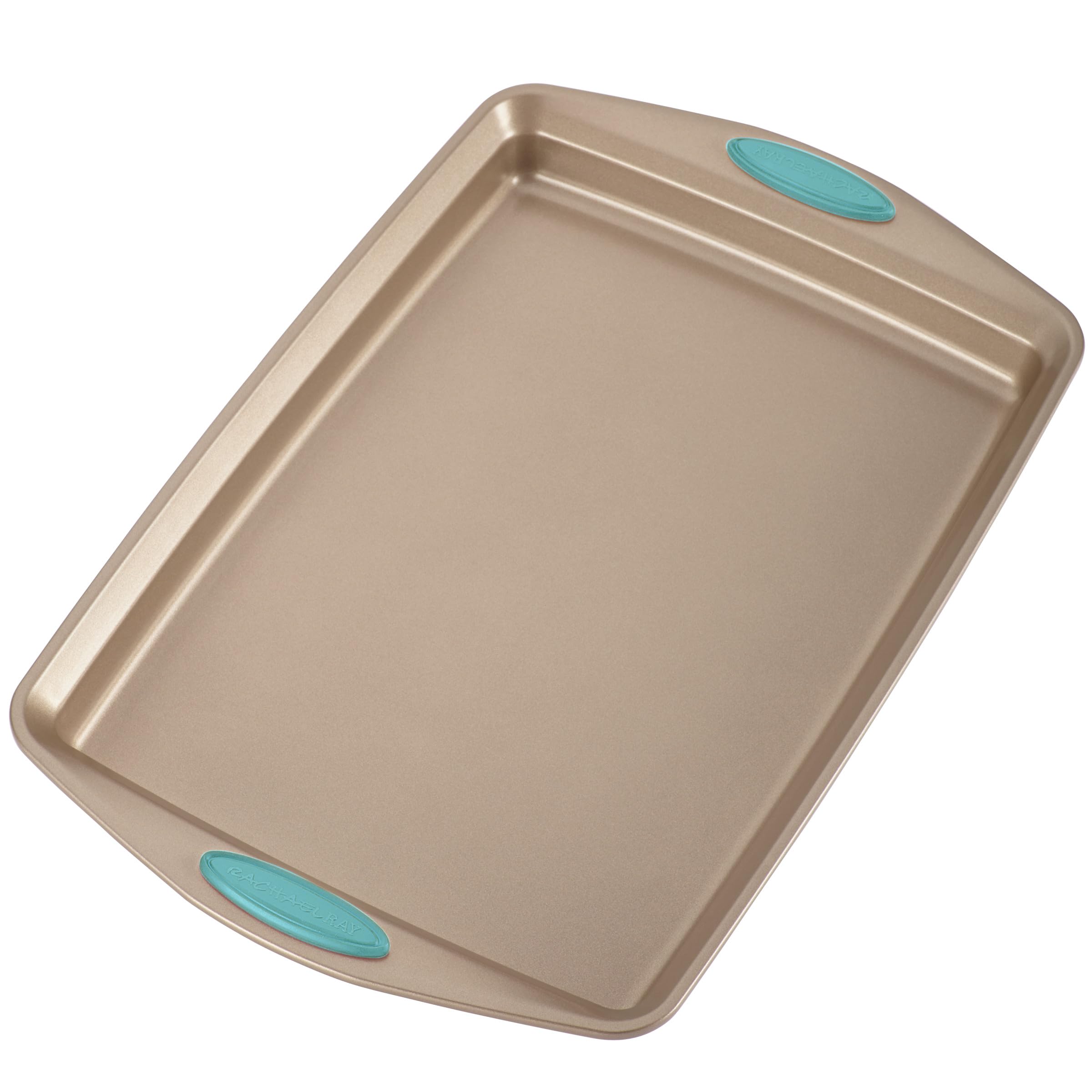 Rachael Ray 47578 10-Piece Nonstick Bakeware Set with Grips - Latte Brown & Agave Blue - Includes Bread Pan, Baking Sheet, Cookie Sheet, Cake Pan & Muffin Pan - Perfect for Baking Cookies, Cakes, Bread & Muffins at Home