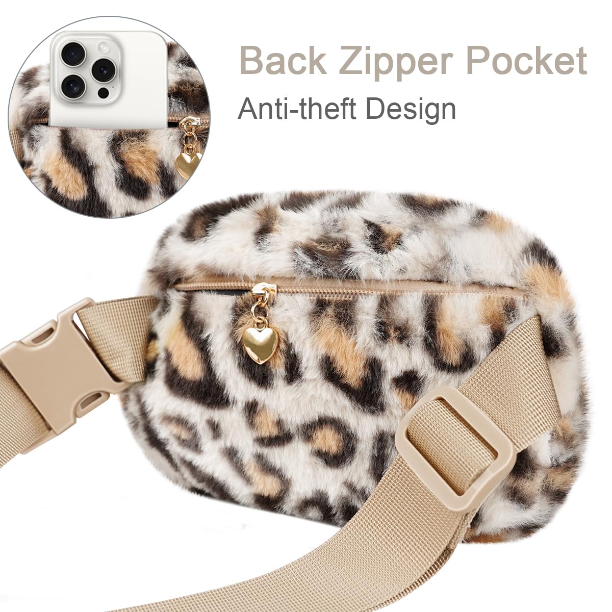 **Fuzzy Plush Waist Pack Fanny Bag for Women & Girls - Cute Leopard Print Crossbody Belt Bag, Trendy Fashion Accessory for Teens, Kids, Sisters - Perfect for Travel, Shopping, Concerts & Daily Use (Cream)**