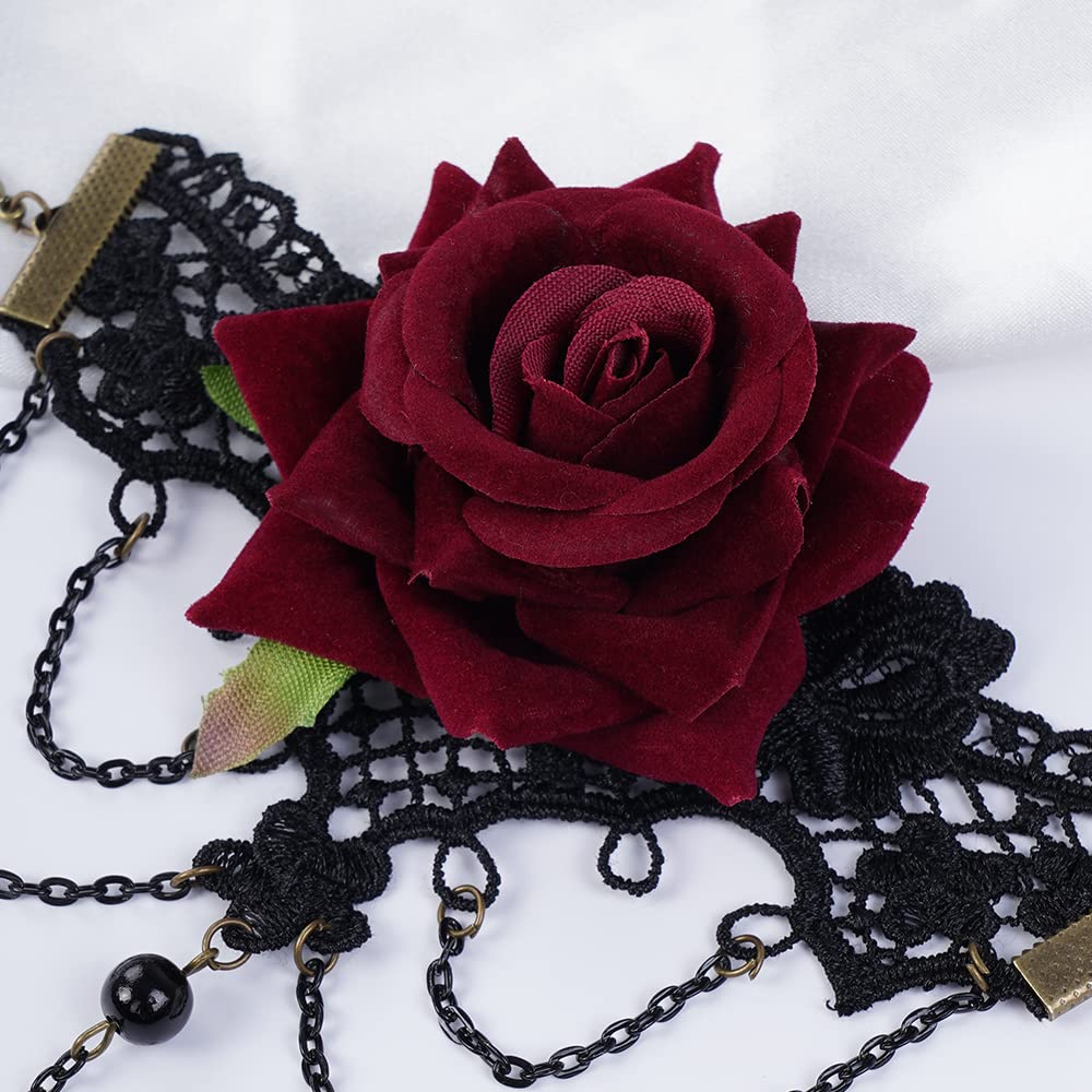Elegant Black Lace Bracelet with Rose Ring - Floral Charm Bracelet for Women | Gothic Jewelry for Halloween Party, Date Night & Special Occasions
