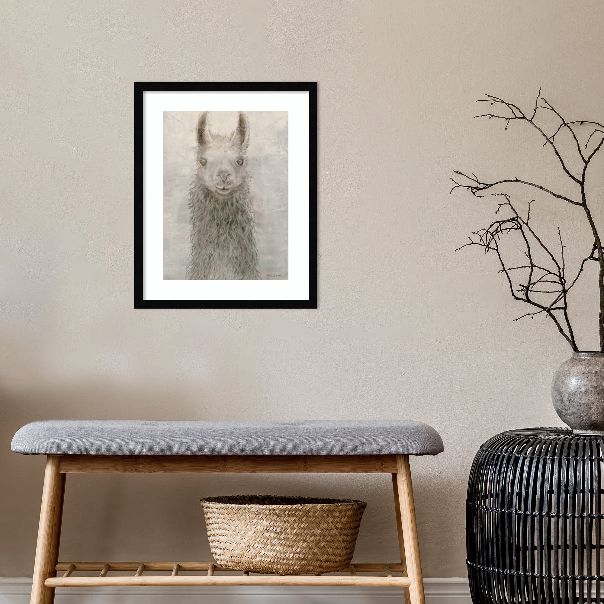 Amanti Art Framed Wall Art Print 21x17 - Llama Portrait by Marie Elaine Cusson, Animal Wall Decor, Rustic Farmhouse Painting, Small Poster Artwork for Living Room, Bedroom, Bathroom, Kitchen | Perfect for Home, Office & Gift Giving