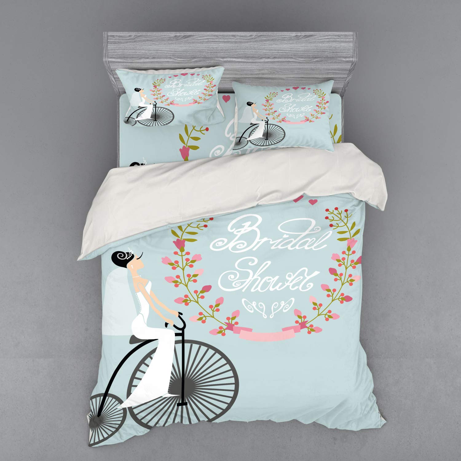 Ambesonne 3-Piece Queen Size Duvet Cover Set - Bride Wedding Dress & Bicycle Floral Design, Includes Sham & Fitted Sheet, Charcoal Grey & Pale Blue - Perfect for Bridal Showers, Guest Rooms & Romantic Bedroom Decor